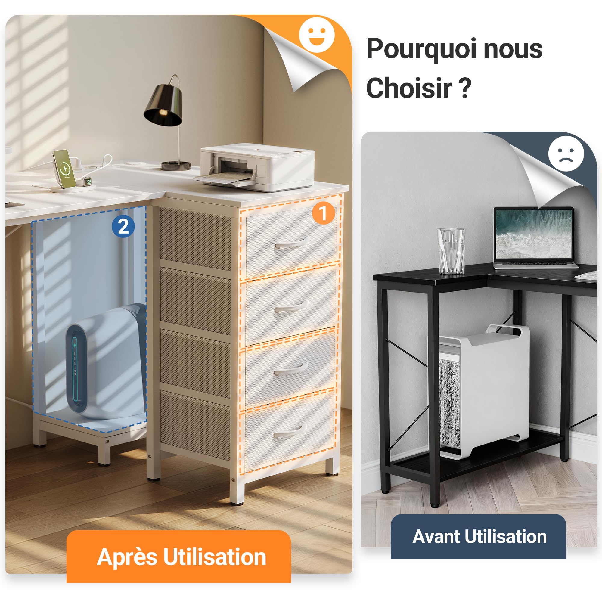 Claiks Bureau d'angle avec 4 Tiroirs,160x80x75 cm Bureau en L avec Prises de Courant et Ports de Charge USB, Table avec Support d'écran und Poche de Rangement latérale pour dans Un Grand, Blanc/Blanc