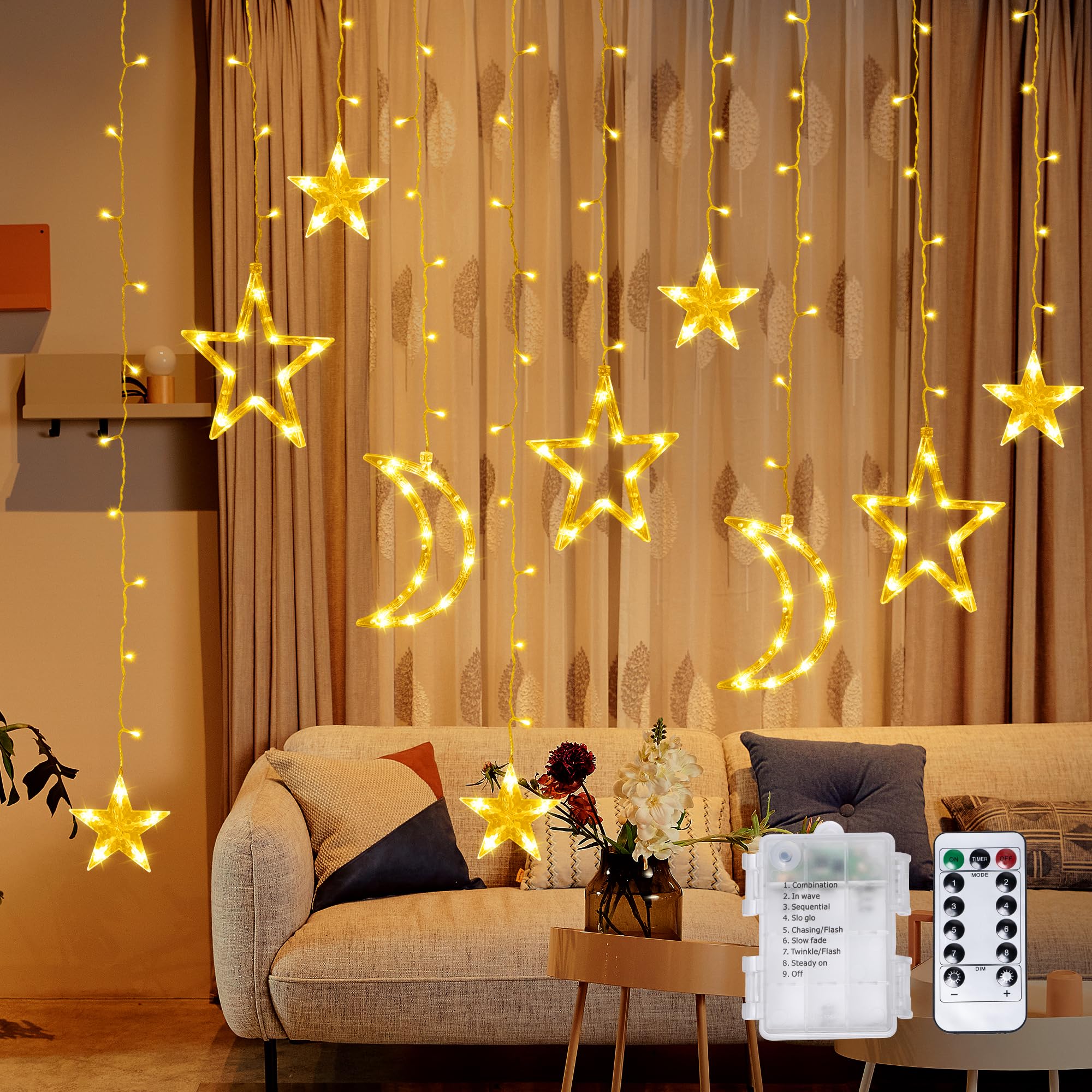 Mexllex Star Curtain Fairy Lights, 3.5m LED Star Fairy Lights Indoor, Battery Operated Star & Moon Christmas Window Lights, Fairy String Light with 8 Modes & Timer for Wedding, Party, Terrace, Lawn [Energy Class A]