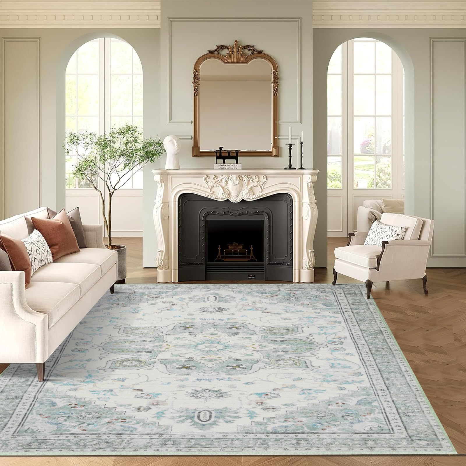 Inlume 8x10ft Green Retro Floral Blue Modern Abstract Area Rug for Living Room, Bedroom, Office,Dining Room or entryway - Machine Washable Anti-Slip Carpet