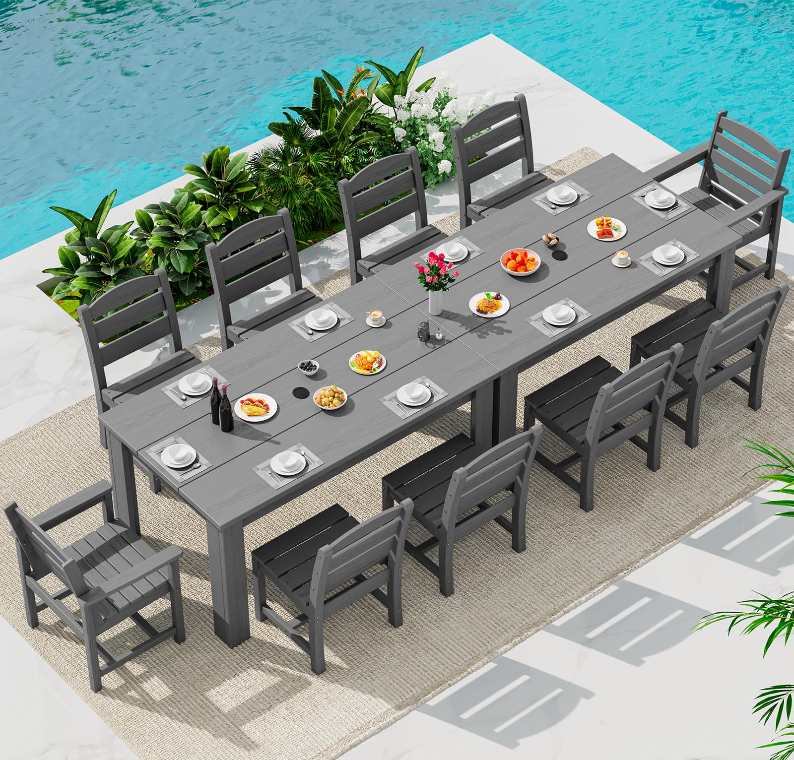 SERWALL Outdoor Dining Set for 10, w/ 2 Tables &amp; 10 Chairs, Gray