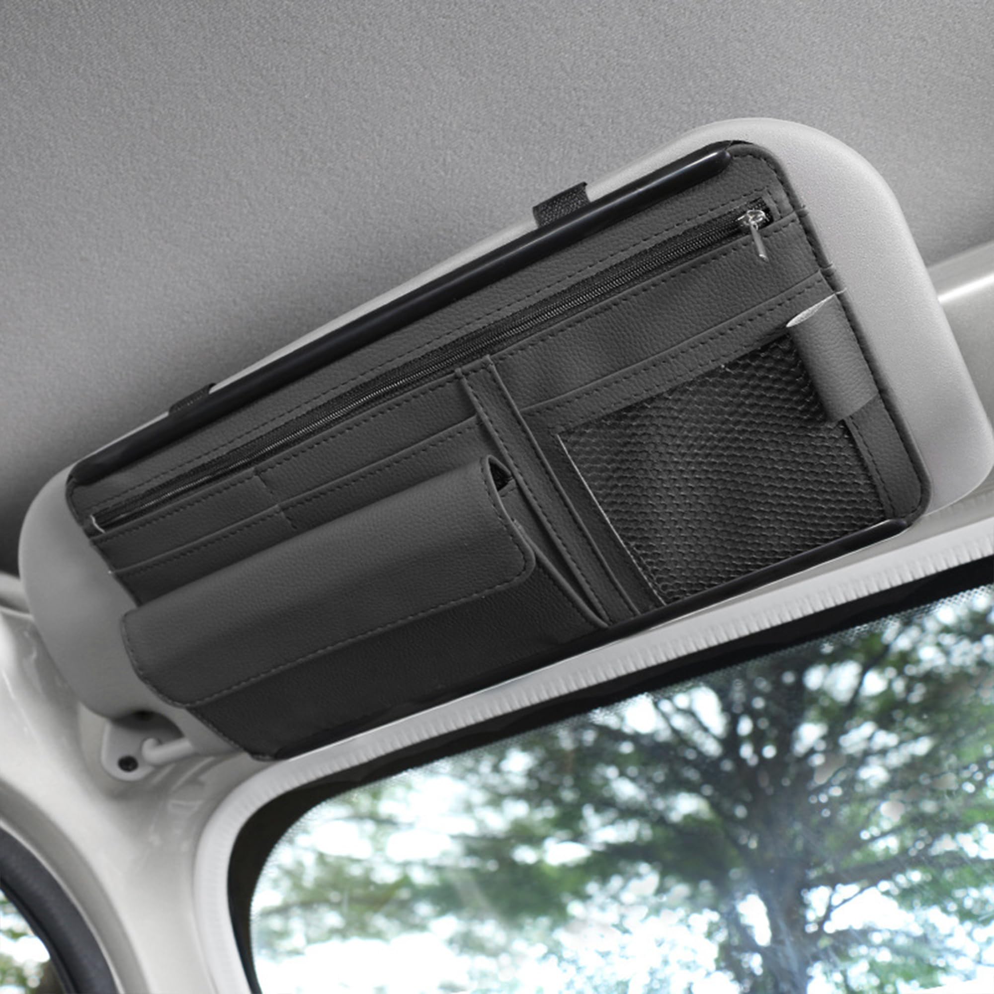 SCUARI Car Visor Organizer,Sunvisor Organizers for Auto,Automotive Interior Accessories,Car Accessories Visor Storage Organizer with Multi-Pocket Net Zippers,Suitable for Cars,Trucks,SUVs,Vans (Black)