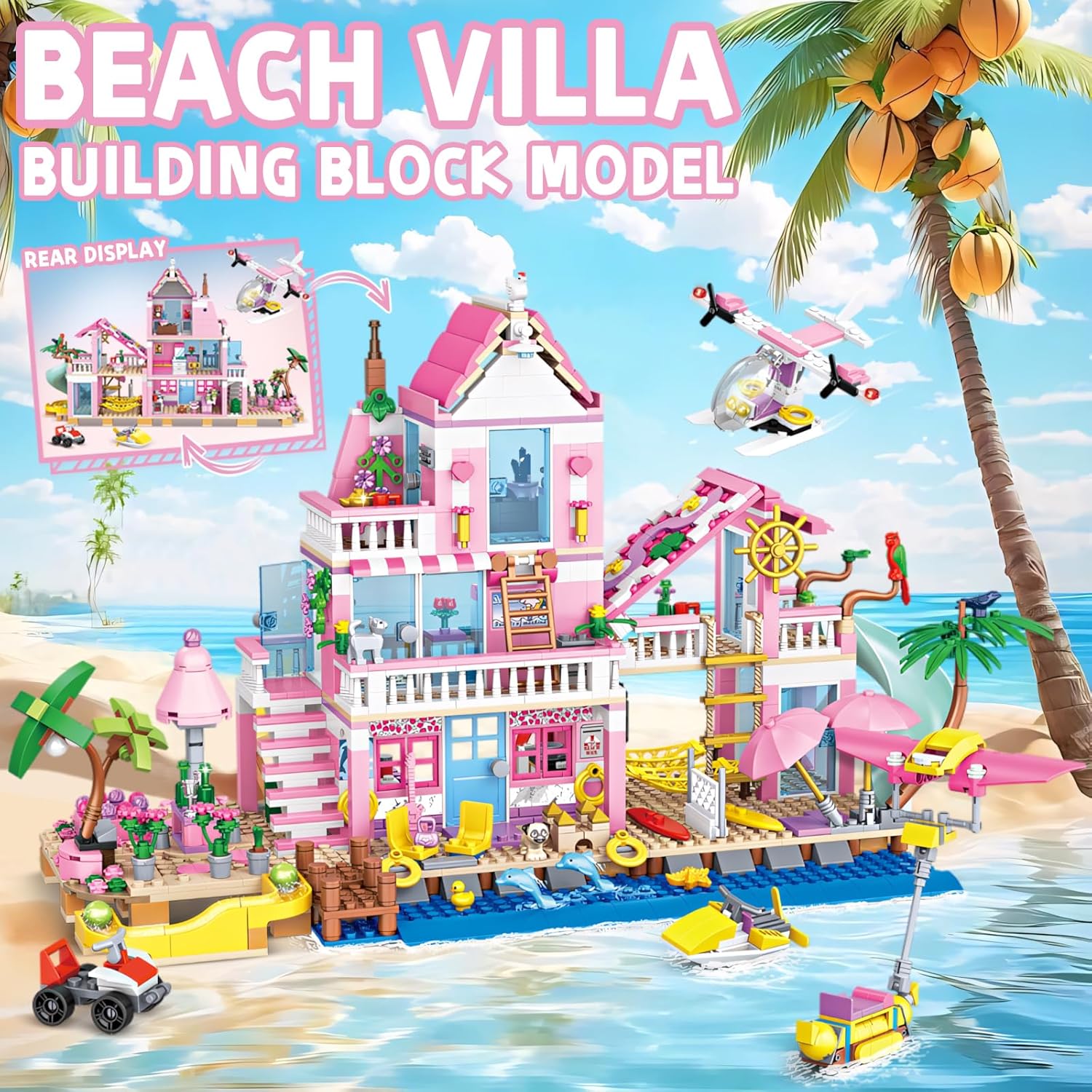 Beach Villa Building Block Set Deluxe 2-Story Vacation Resort with Pool, Palm Trees & Fun Details STEM Toy for Kids Teens