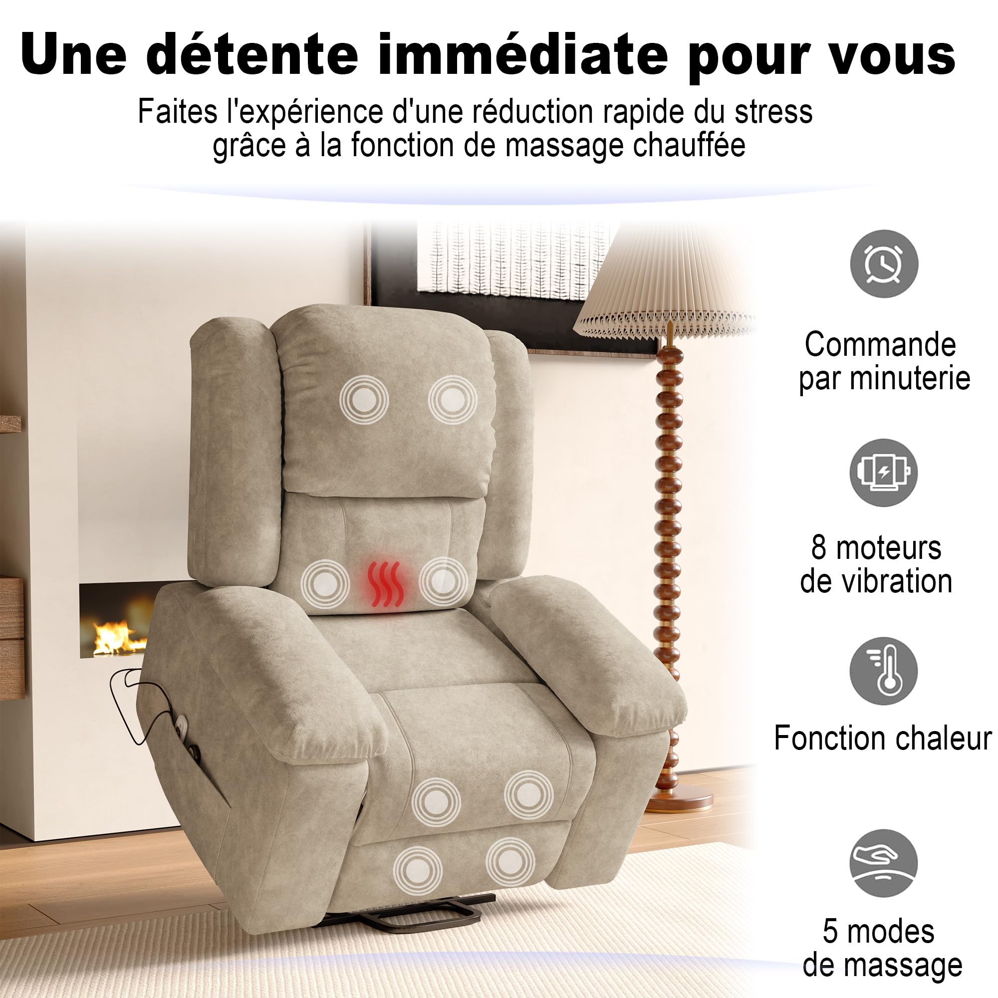 LIVLUX Fauteuil de Massage électrique, Fauteuil releveur électrique avec Fonction Massage et Chaleur, avec Poches latérales et Repose-Pieds Extensibles, canapé de Relaxation inclinable (Beige)