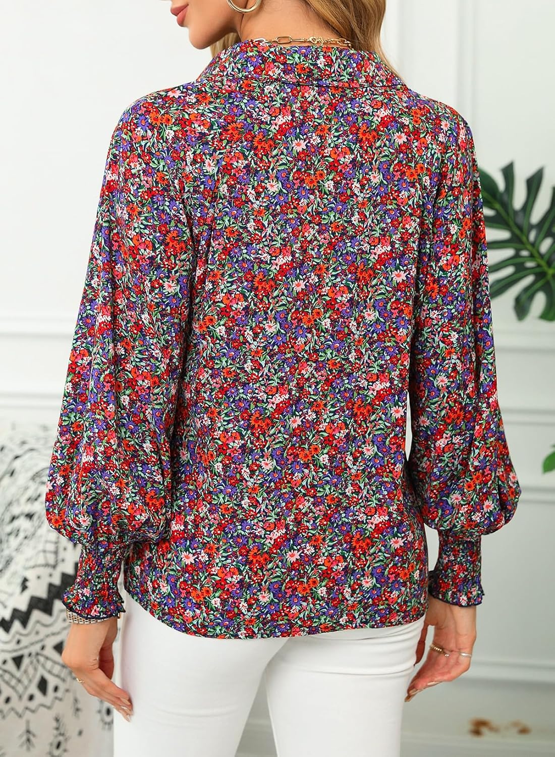 Dokotoo Women's Casual V Neck Allover Floral Print Long Sleeve Chiffon Button Down Blouses Bohemian Top Shirts - Image 2