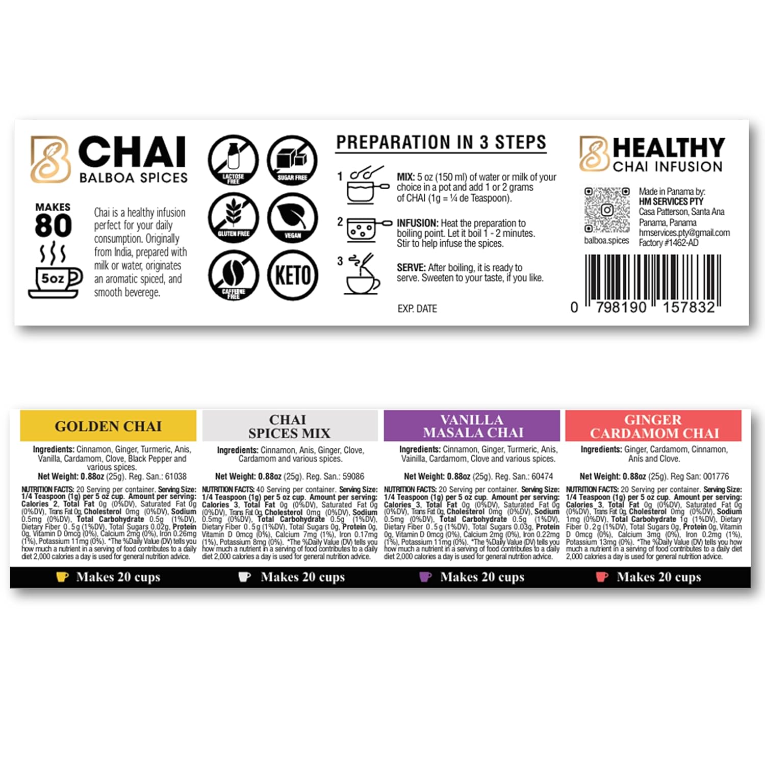 Balboa Spices Premium Chai Kit – 80 Cups – Classic Masala Chai – Sugar Free, Caffeine Free, Dairy Free – Vegan Keto Natural Powder – 4 Flavors in Glass Jars – Healthy Gift & Travel Set