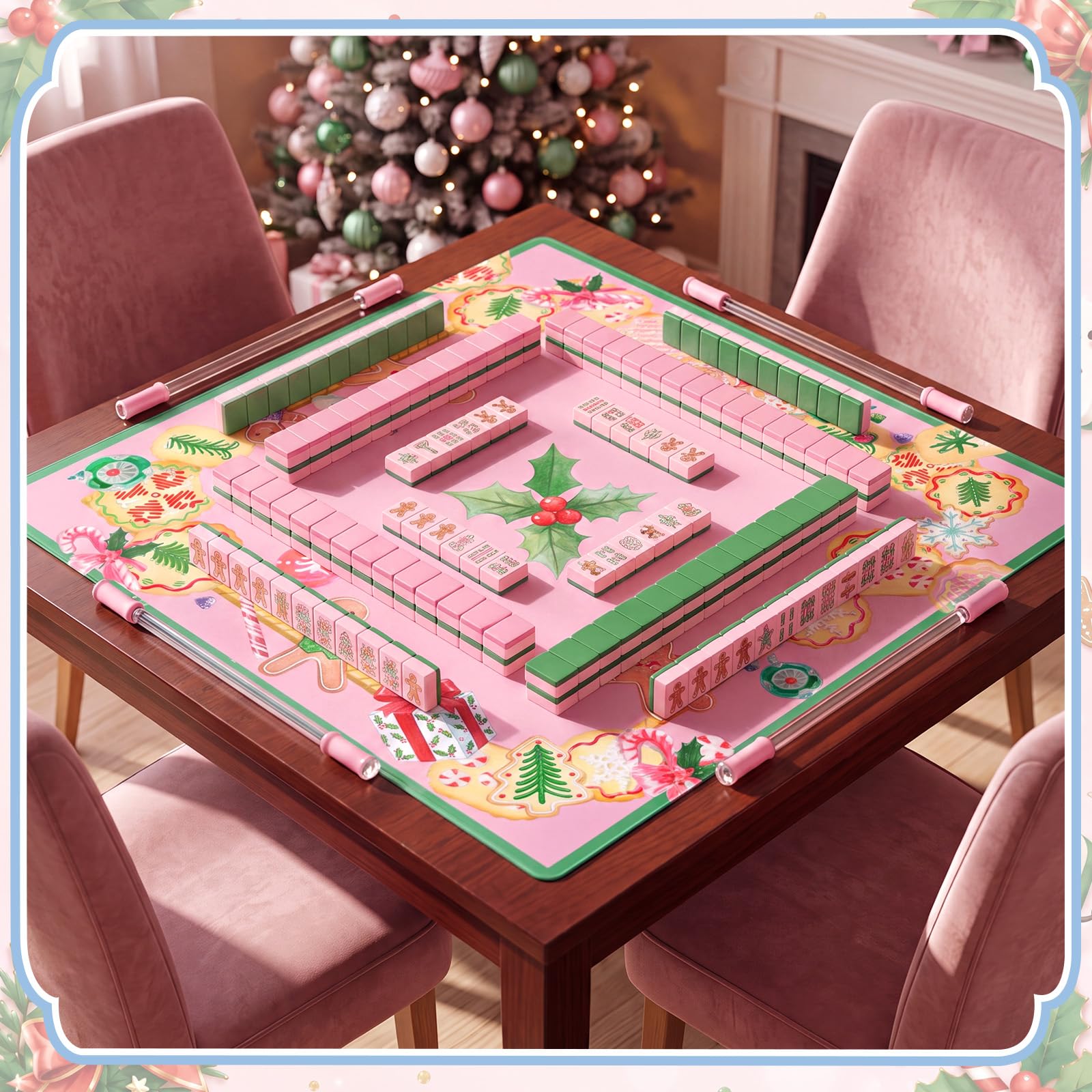 Seenelling Mahjong Mat Tapis de table antidérapant Noël Cookies