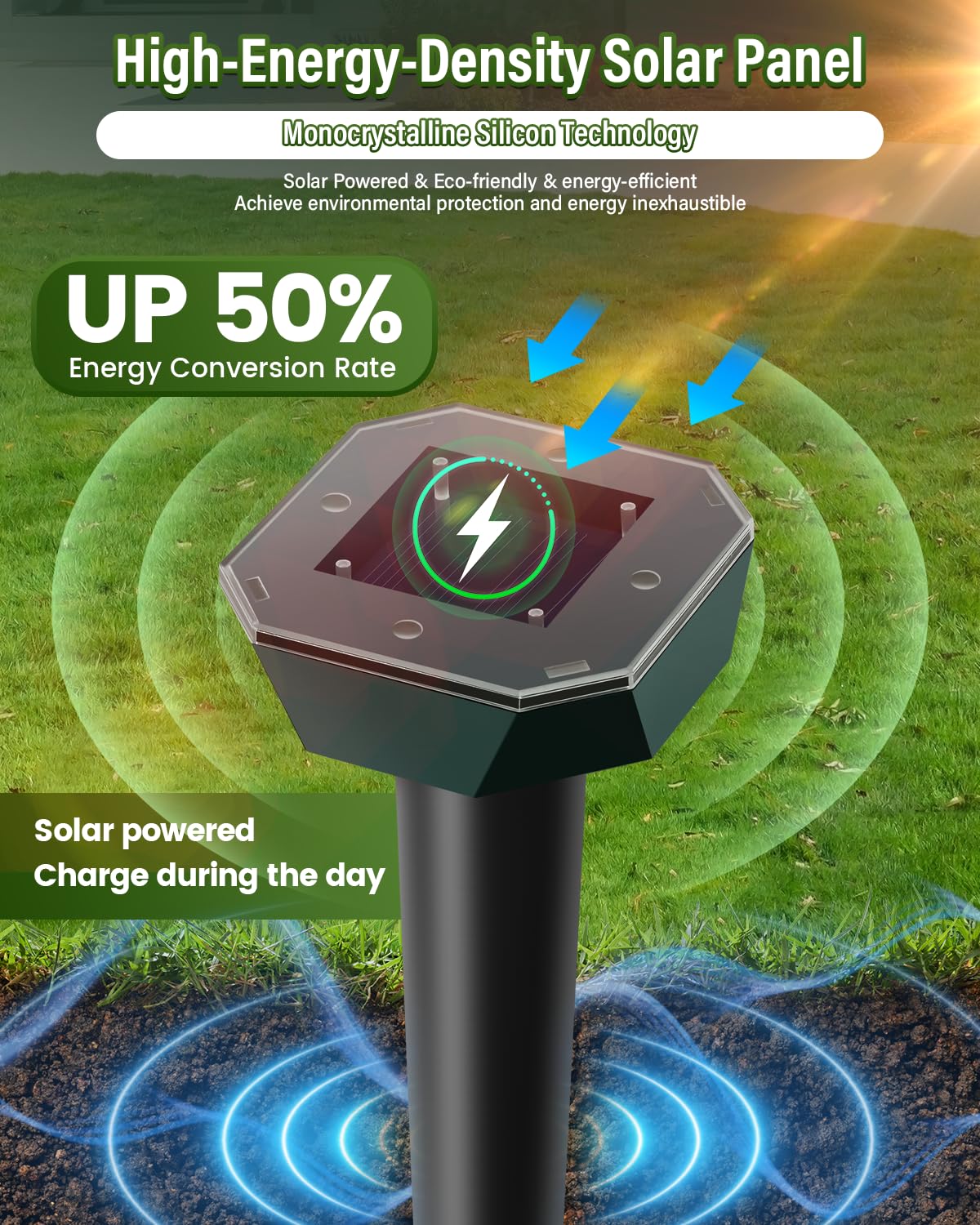 Repelente de mofeta de conejo y topo de serpiente, funciona con energía solar, disuasorio ultrasónico, impermeable IP65, repelente de ratones de ardilla, mapache para césped, jardín, paquete de