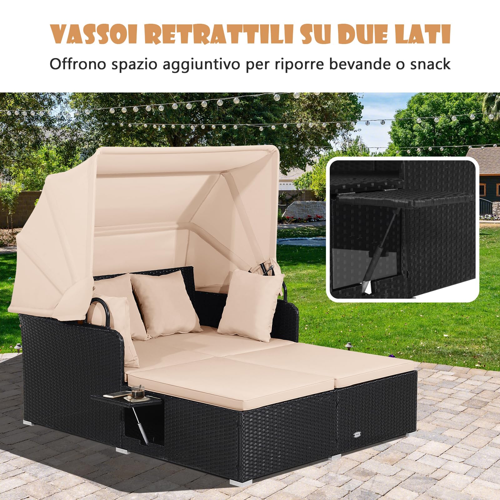 COSTWAY Lettino Prendisole per 2 Persone, Divano Letto Matrimoniale da Esterno in Rattan con Tettuccio Retrattile e Cuscini, Isola Prendisole per Giardino Cortile Balcone,165 x 153 x 138 cm (Beige)