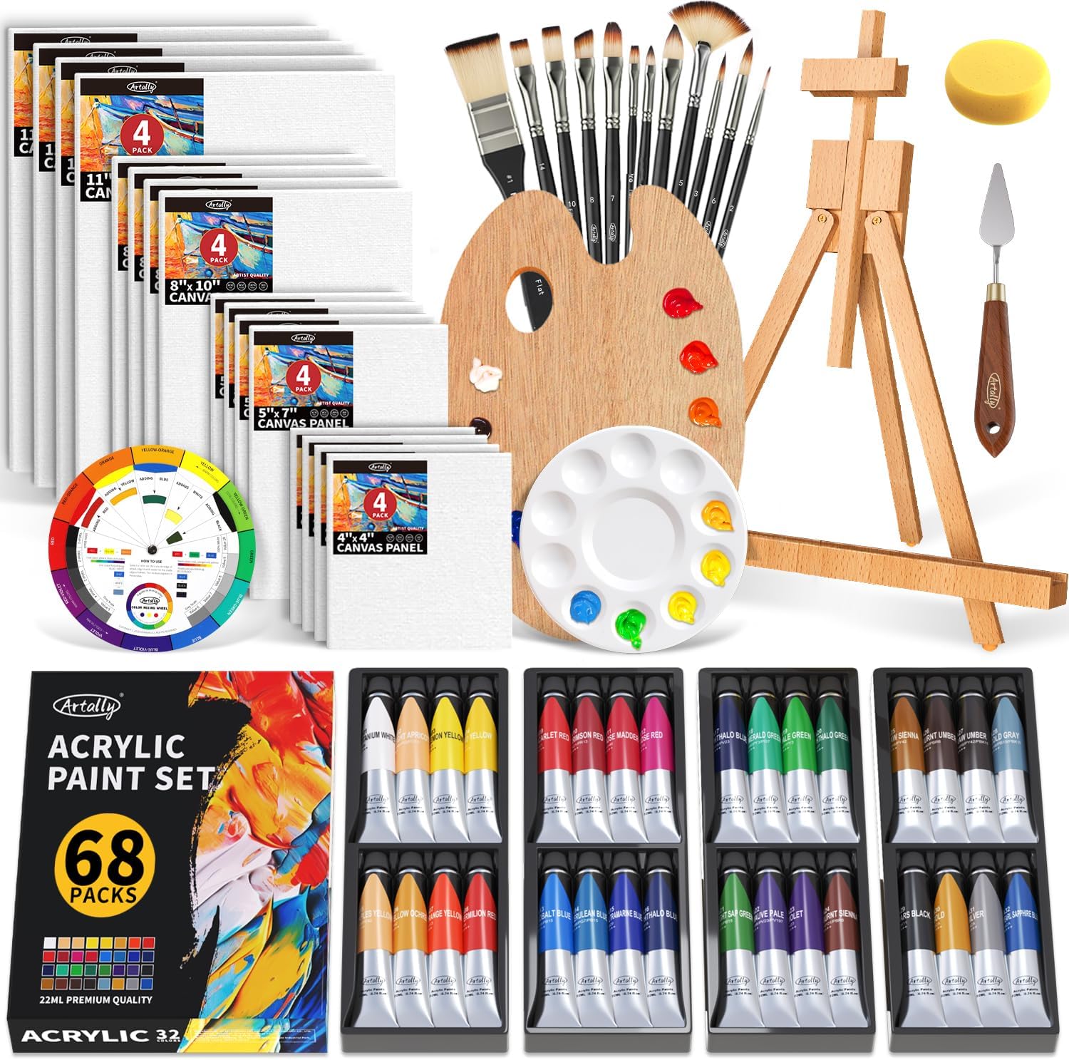 ARTALLY Acrylic Paint Set with Easel & Canvases (67 Pcs) 32 Colors