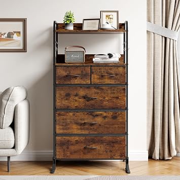Dresser for Bedroom with 5 Drawers, Dressers & Chests of Drawers for Hallway, Entryway, Storage Organizer Unit with Fabric, Sturdy Metal Frame, Wood Tabletop, Easy Pull Handle
