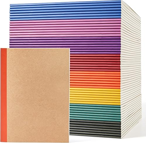 Feela - Paquete de 56 cuadernos de composición a granel, cubierta de papel kraft forrada en blanco con rayas universitarias con espinas de tono joya