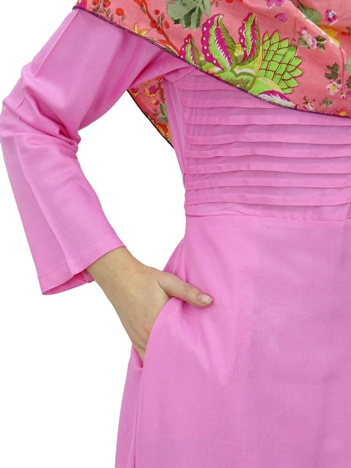 Bimba Women's Long Sleeve Muslim Islamic Abayas Pleated Maxi Jilbab with Hijab Pink