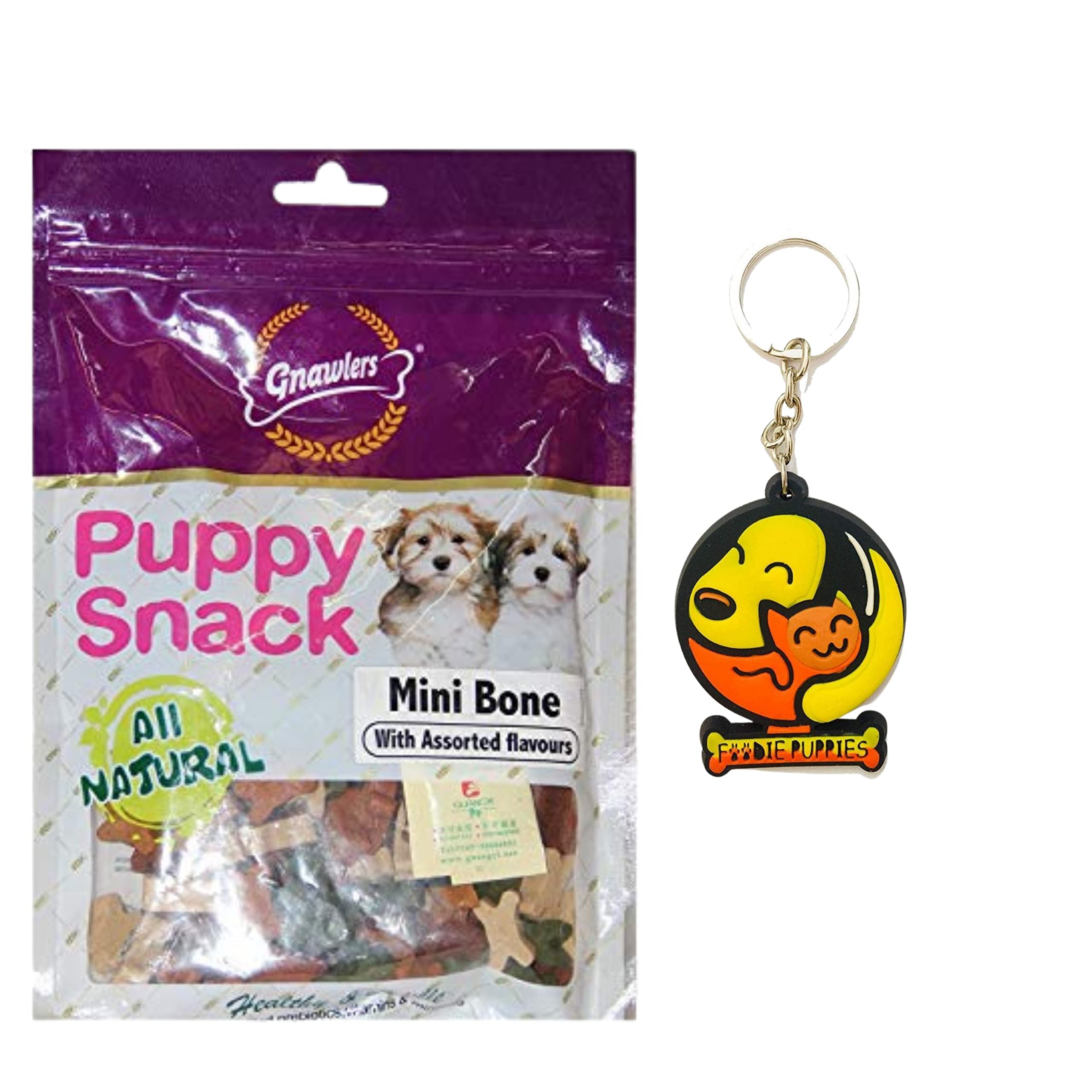 Foodie PuppiesGnawlers Puppy Snack Mini Bone Assorted Flavour Dog Treat, 250gm with Free Key Ring