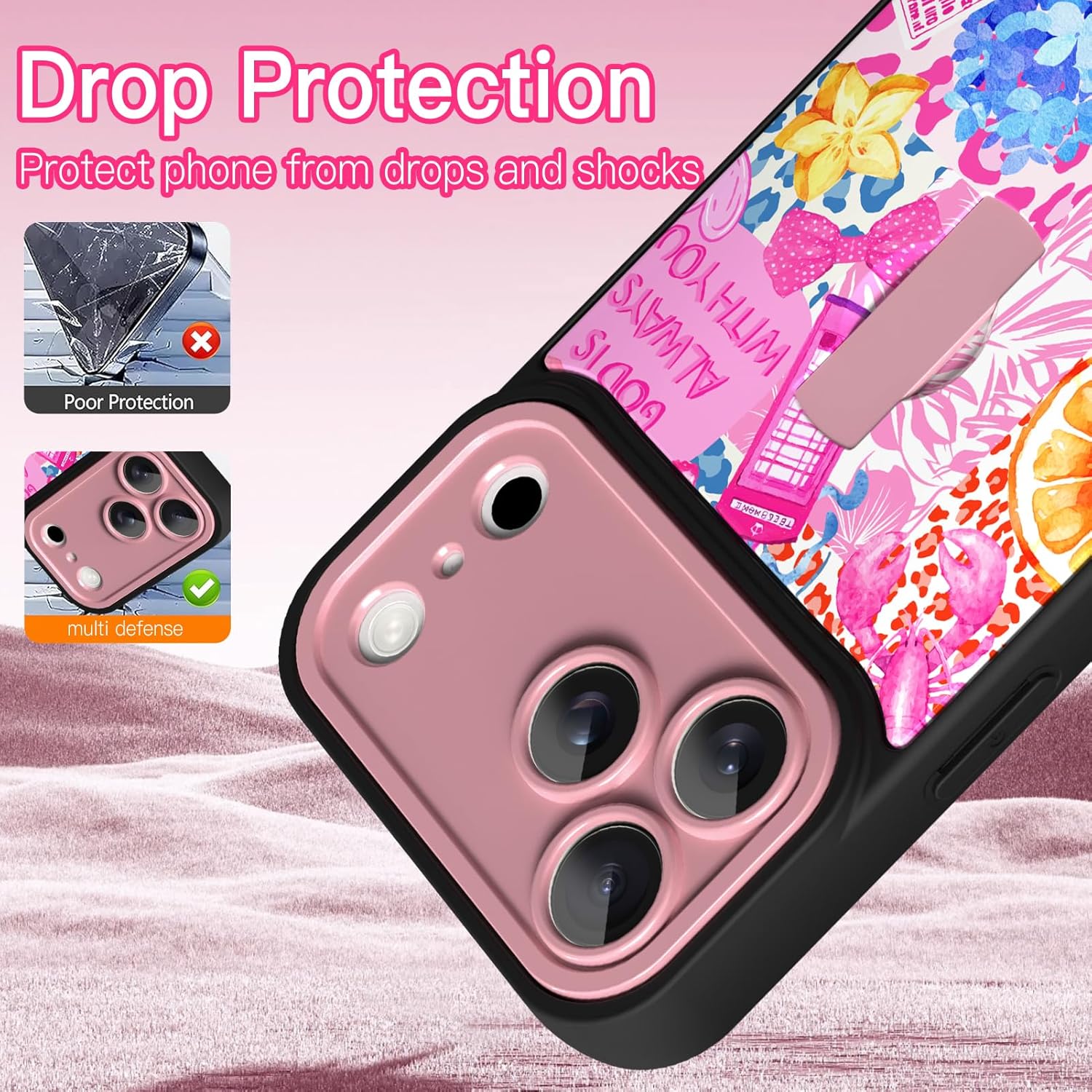 KANGHAR Compatible with iPhone 17 Pro Max Case Summer Collage Coastal Pattern Finger Stand Design Full Body Rugged Shockproof Protection Glossy Protective Kickstand Phone Cover 6.9 Inch Pink