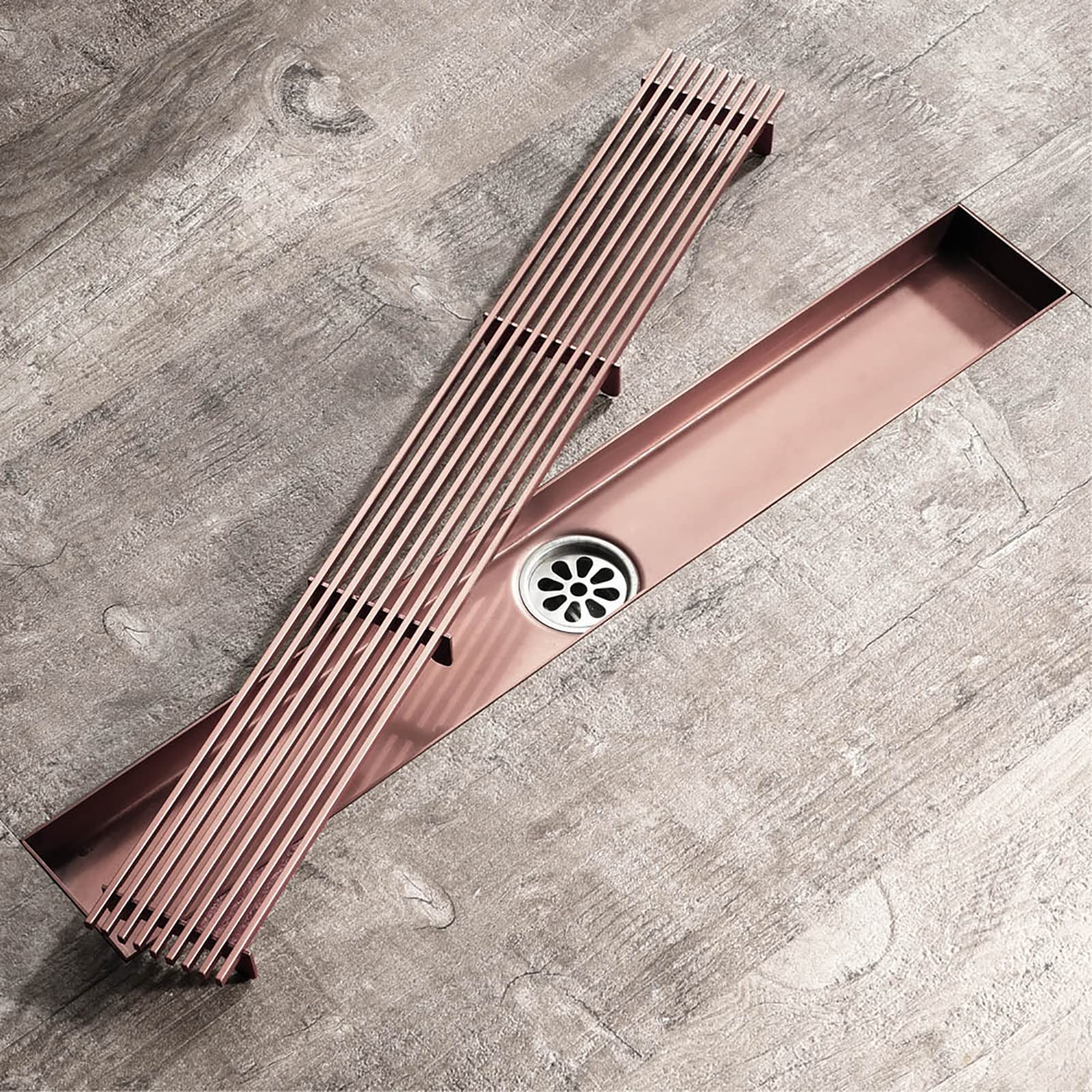 24 Zoll Lange lineare Duschrinne mit herausnehmbarem Musterrost und Haarsieb, Edelstahl 304, roségoldene Oberfläche