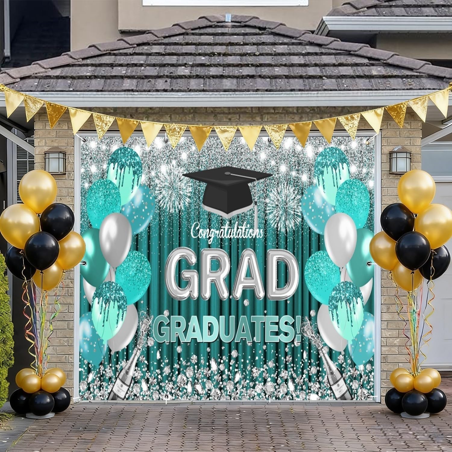 OERJU Graduation Garage Door Banner Turquoise Congrats Grad Garage Door Cover Teal and Silver Congratulations Graduate Graduation Party Decorations Hanging Backdrop Outdoor Indoor Wall Decor 6x13ft