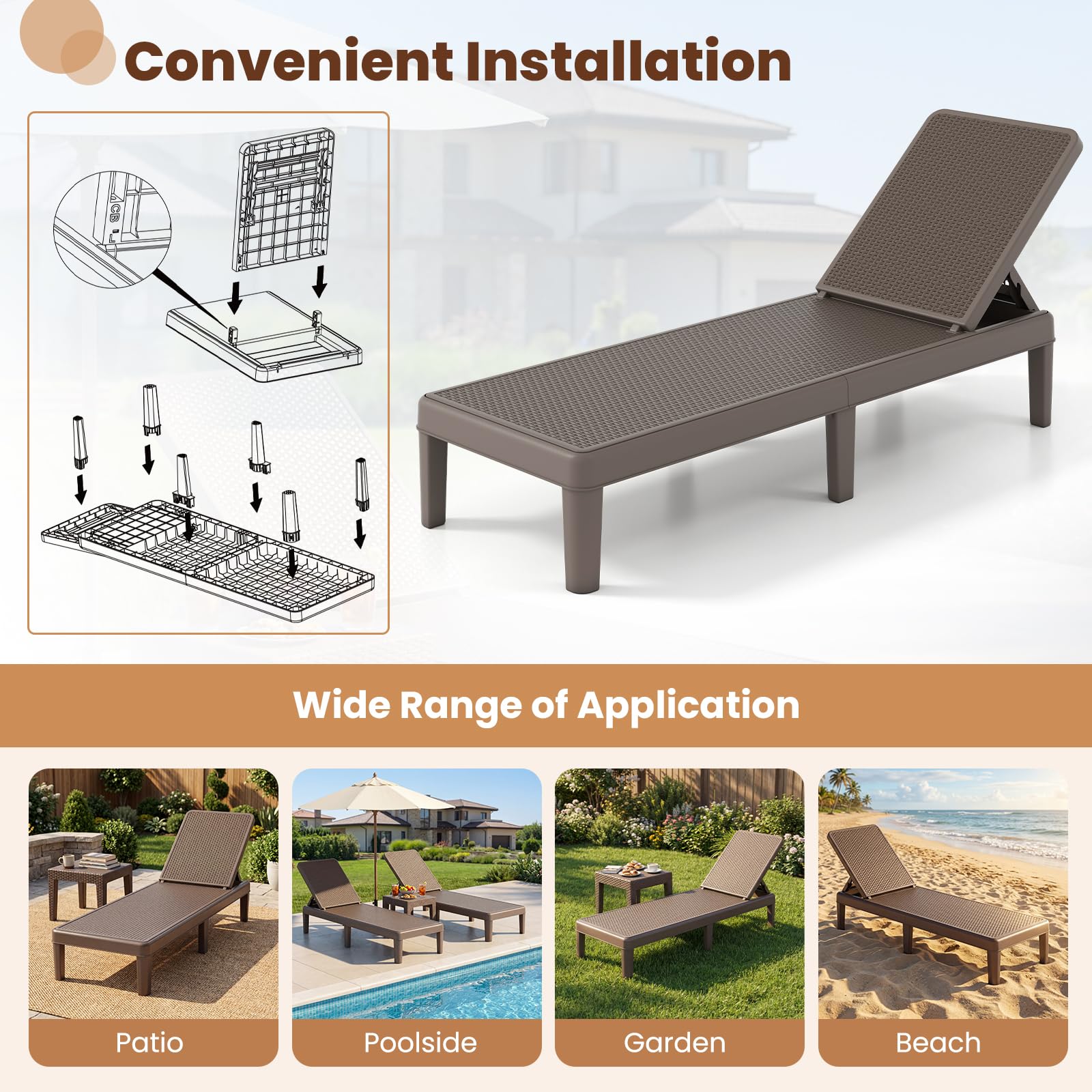 GIANTEX Sdraio Prendisole da Esterno in Plastica PP, Lettino da Giardino con Schienale Reclinabile 4 Posizioni, Resistente e Robusto, per Balcone, Terrazza, Piscina e Mare, Max 150 kg (2 Marrone)