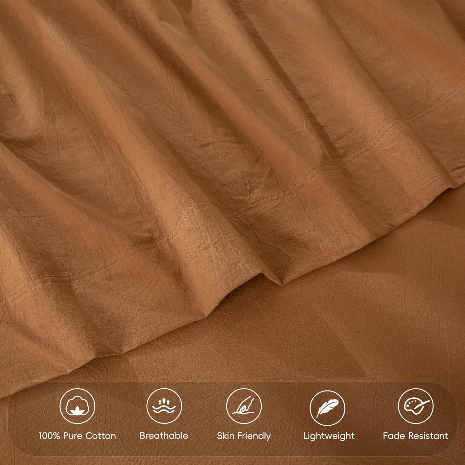 MooMee Flat Top Sheet Only 100% Washed Cotton Linen Like Textured Breathable Durable Soft Comfy (Dark Orange, Queen)