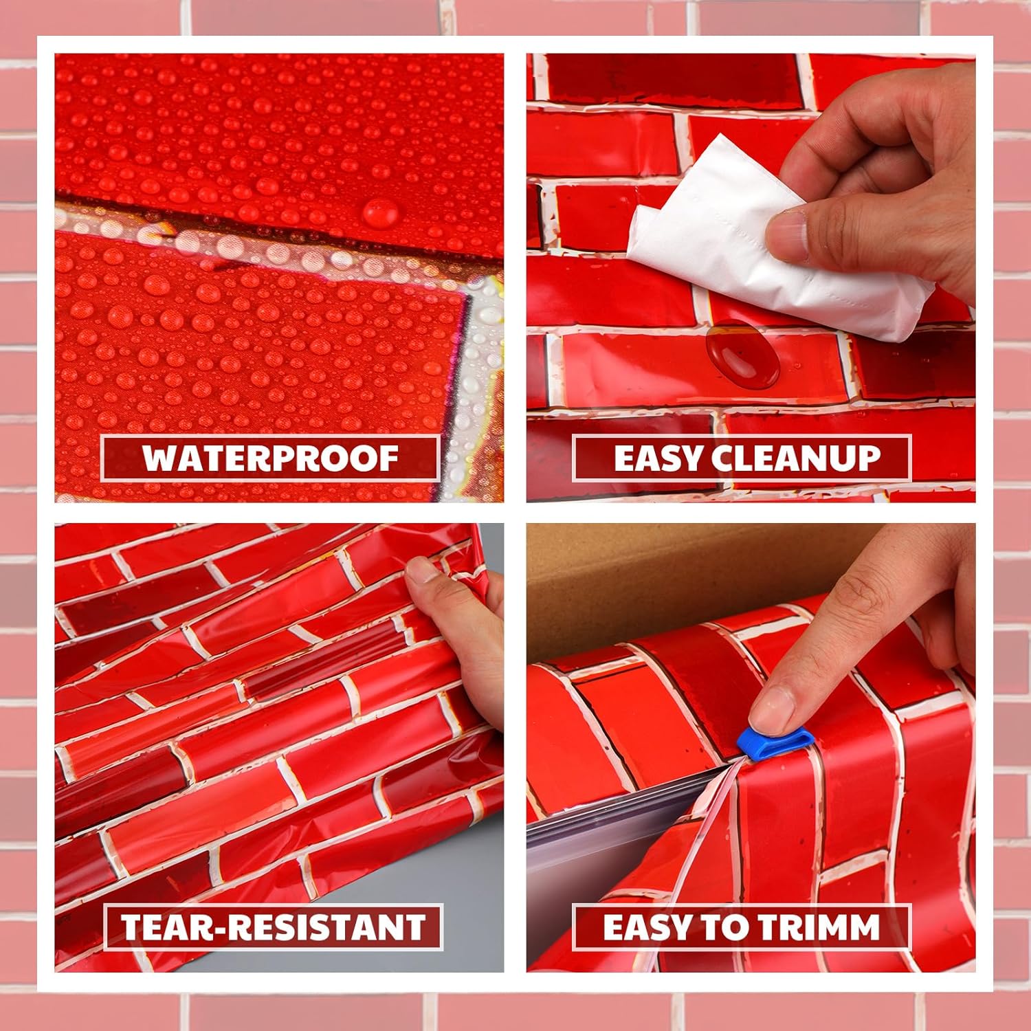 Oudain 54 Inch x 100 ft Red Brick Tablecloth Roll Wall Backdrop with Cutter Box Christmas Plastic Red Brick Photography Background Wallpaper Birthday Party Decoration