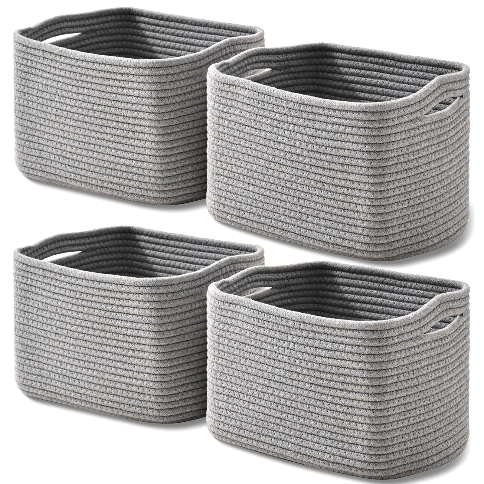 Storage Baskets for Shelves, Small Storage Baskets for Organizing, Woven Cotton Rope Baskets for Storage, Book Basket, Decorative Shelf Basket,  (4 Packs) Grey