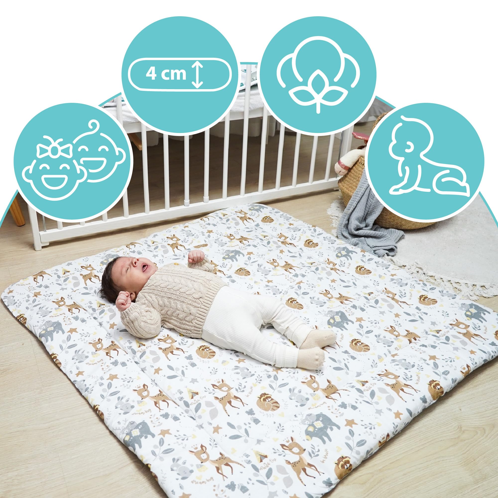 Tappetino per gattonare per tappeto da gioco per bambini 100x100 cm imbottito - materassino per gattonare inserto per box pieghevole grande e spesso in cotone Cervo grigio chiaro