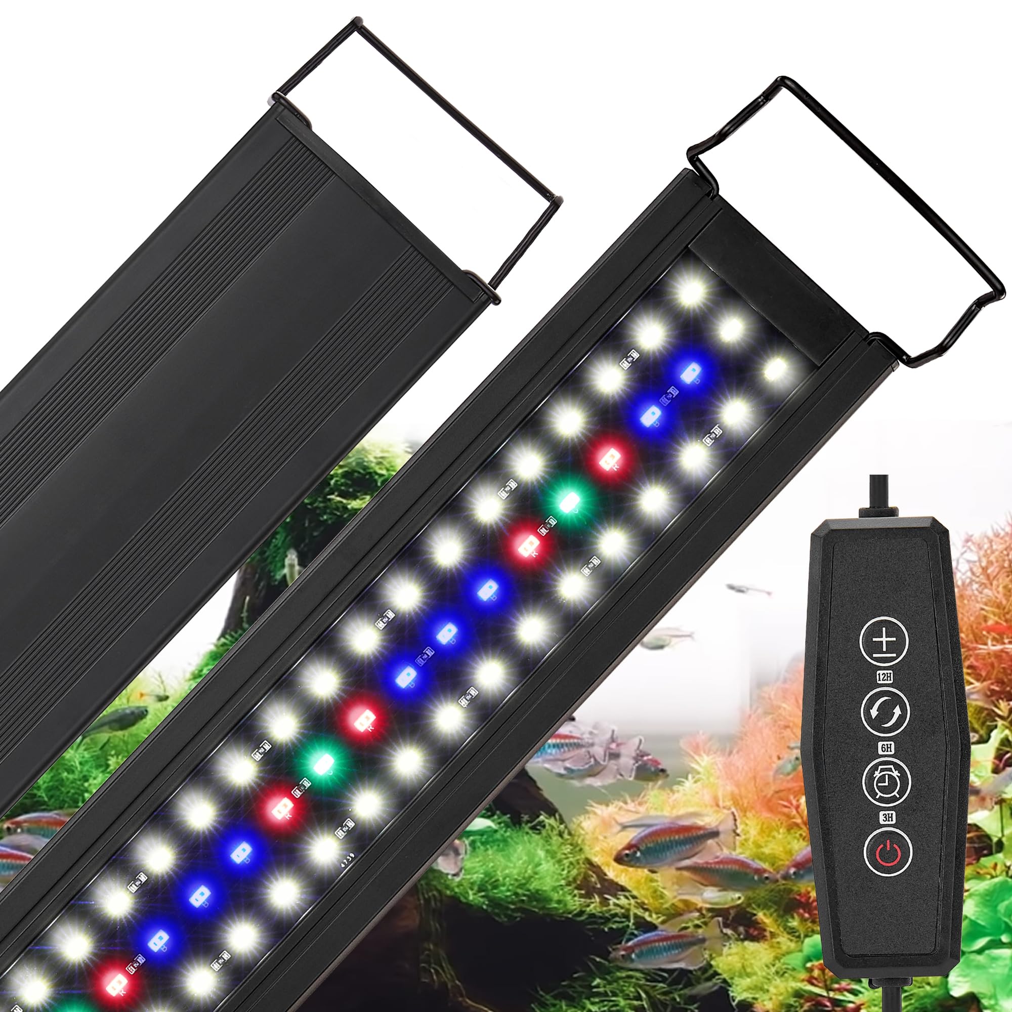 LED Aquarium Light Full Spectrum for Planted Fish Tank, Adjustable Brightness with Timer, Aluminum Alloy Shell, Extendable Brackets (18-24inch)