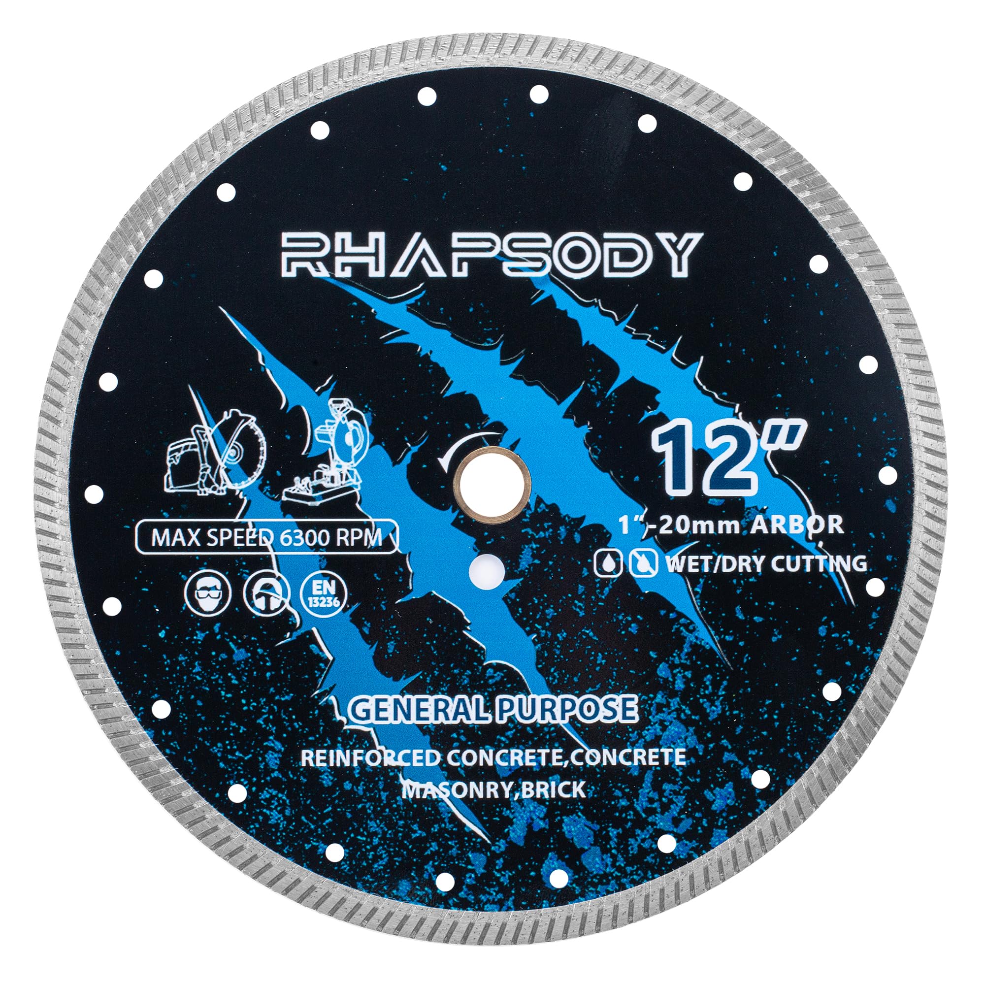 RHAPSODY Lama per sega diamantata da 12 pollici, bordo turbo continuo per uso generico, taglio a secco/calcestruzzo bagnato, cemento armato, muratura, mattoni, blocchi, pietra 7/8"-5/8" pergolato