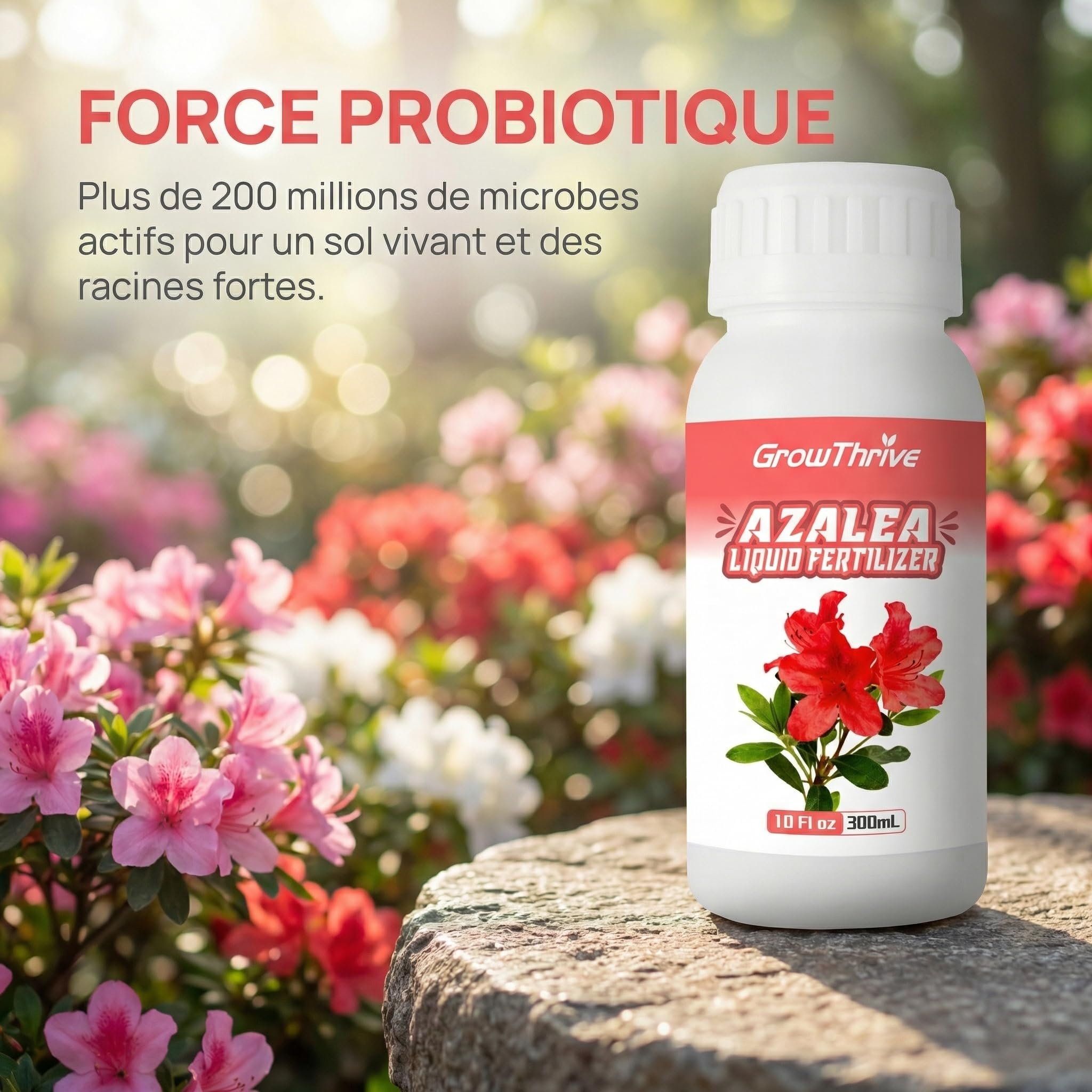 Engrais Liquide Azalées 300ml – Nutriment Microbien Naturel avec Probiotiques – Engrais Organique pour Fleurs de Terre de Bruyère, Roses et Gardenias – Croissance Rapide et Floraison Intense