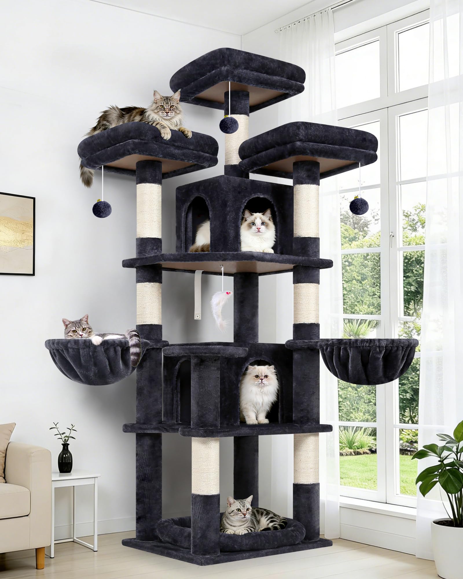 Globlazer Cat Tree for 2-4 Cats Indoor, Large Cat Tower 174 cm with 3 Top Perches, 2 Caves, 2 Basket, Removable Pet Bed, 7 Scratching Posts, Stable Cat Tree for Multiple Cats (F68B, ‎Dark Grey)