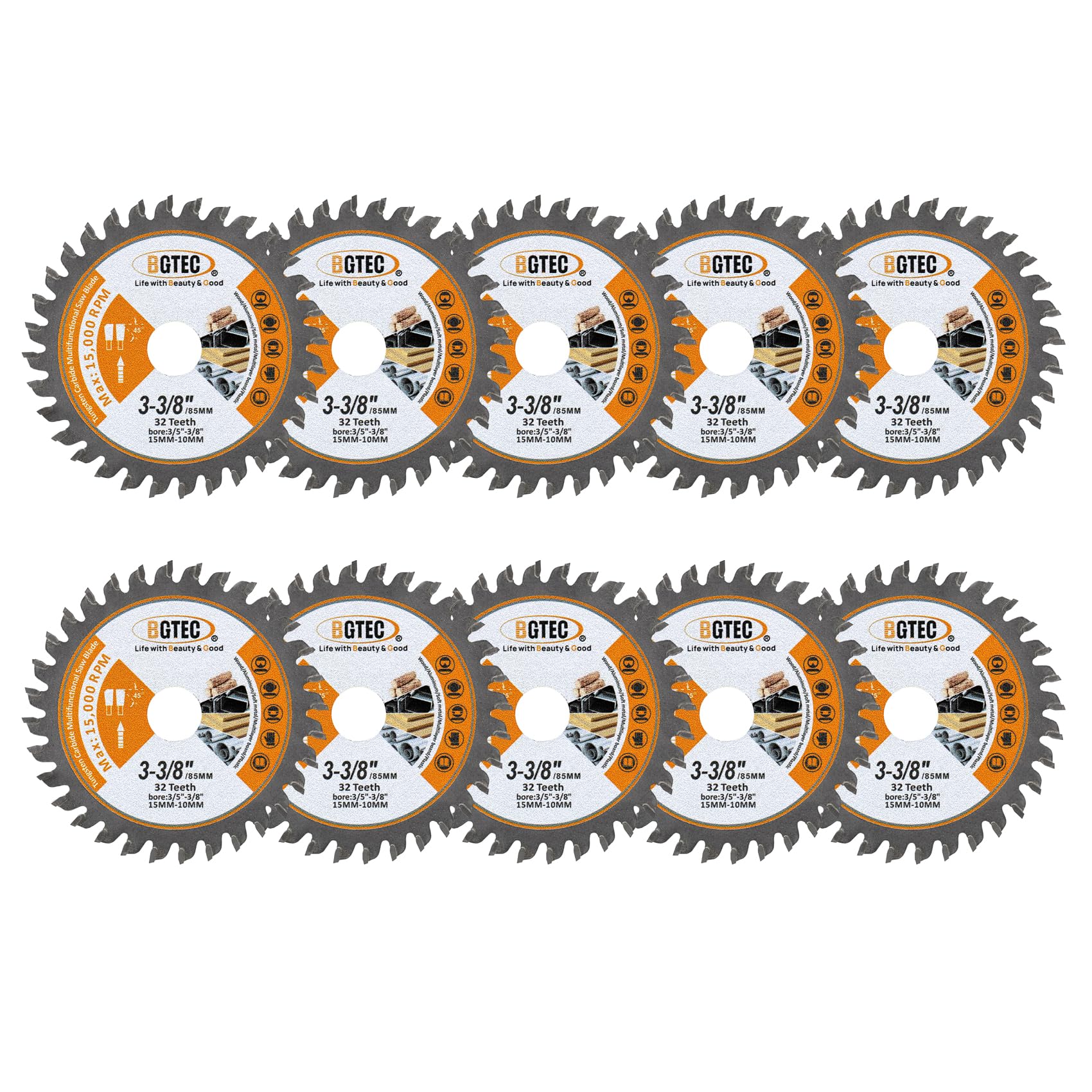 TCT Circular Saw Blade - Carbide Tipped Teeth General Purpose 85MM 32T Cutting Dics with 15MM Arbor for Wood Aluminium Plastic Copper BGTEC, 10 Pack