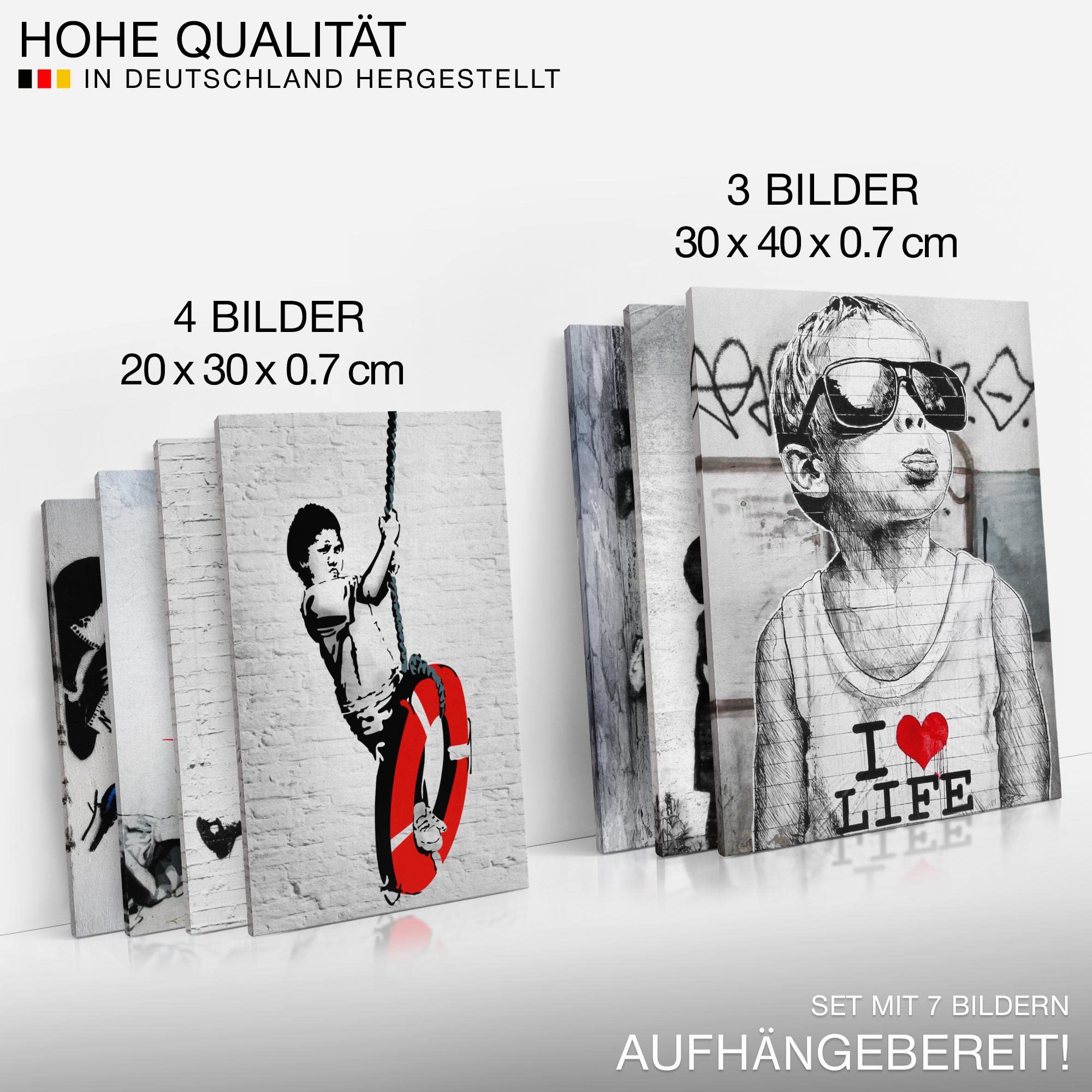 Novart Wandbilder Banksy Collage - KOMPLETT AUFHÄNGFERTIG - Street Art Wohnzimmer Büro- 7 Moderne Mood-Bilder - N003171a
