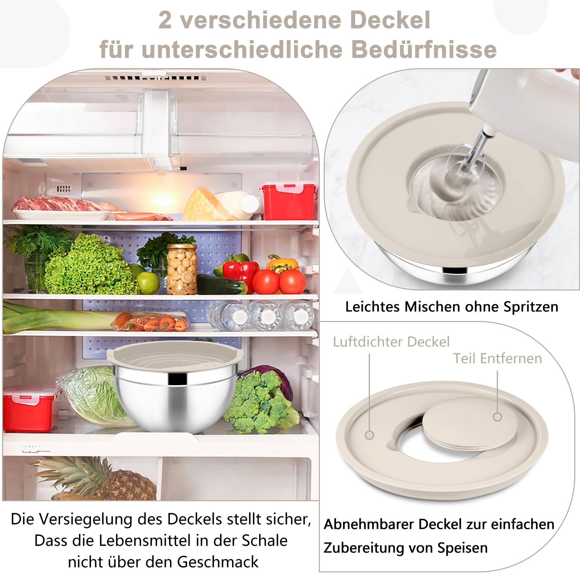 Joyfair Rührschüssel, 4,5 L Edelstahl Salatschüssel Schüssel mit Luftdichten Deckel & Abnehmbarem Deckel, Schüsseln mit 3 Reibenaufsätzen zum Backen/Kochen/Zubereiten, Spülmaschinenfest - Khaki