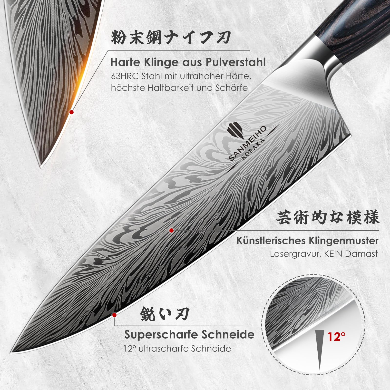 SANMEIHO Küchenmesser Set Japanisch 3-Teilig Pulverstahl, Profi Messerset | Inklusive Kochmesser, Allzweckmesser, Spickmesser Ultrascharf, Ergonomischer Holzgriff Hohe Härte