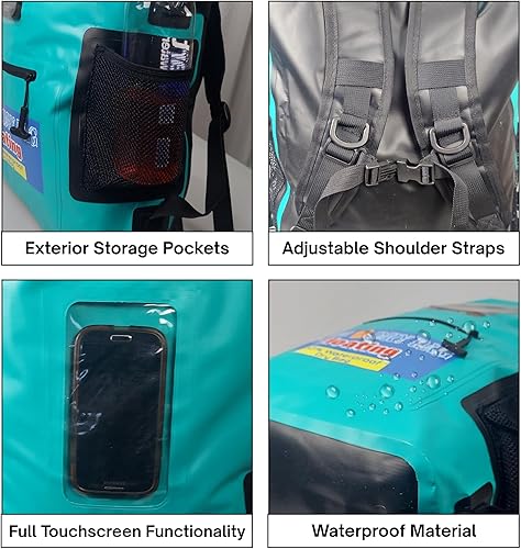 Miniatura 4 de Mochila impermeable de 28 L, bolsa seca verde azulado para teléfono celular con ventana exterior para un fácil uso durante todos los deportes