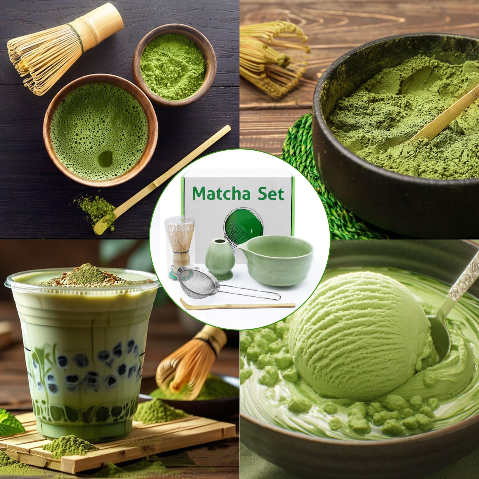 5 szt. Ceramiczny zestaw match, miska matcha, trzepaczka, szpatułka, sitko, uchwyt na miotłę