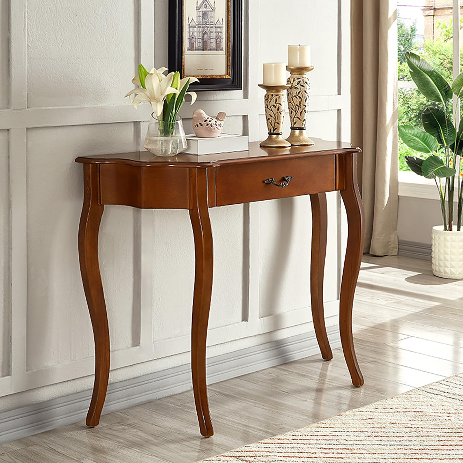 Nileco Solid Wood Console Table with Drawer, Semi-circle Entryway Table Half-moon Elegant Display Furniture with Cabriole Legs for Living Room, Hallway, Foyer, Corridor, Sofa