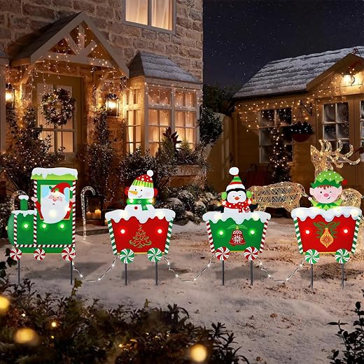 Afirst 4PCS Christmas Yard Stakes Light Up Train Garden Decorations