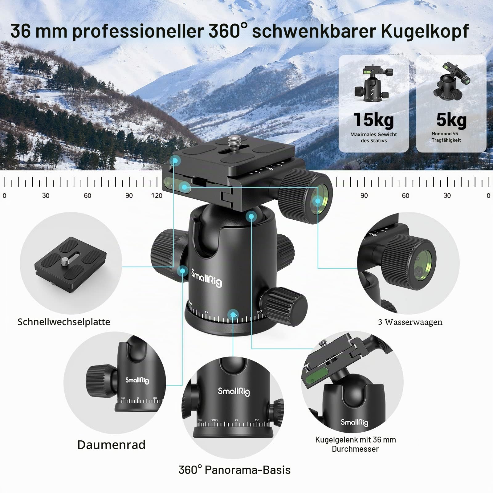 SMALLRIG 71" Kamera-Stativ, Faltbares Aluminium-Stativ Einbeinstativ, 360°Kugelkopf Abnehmbar und Schnellwechselplatte, mit Smartphone Klemme, Nutzlast 15kg 33lb, 71in/180cm - 3935