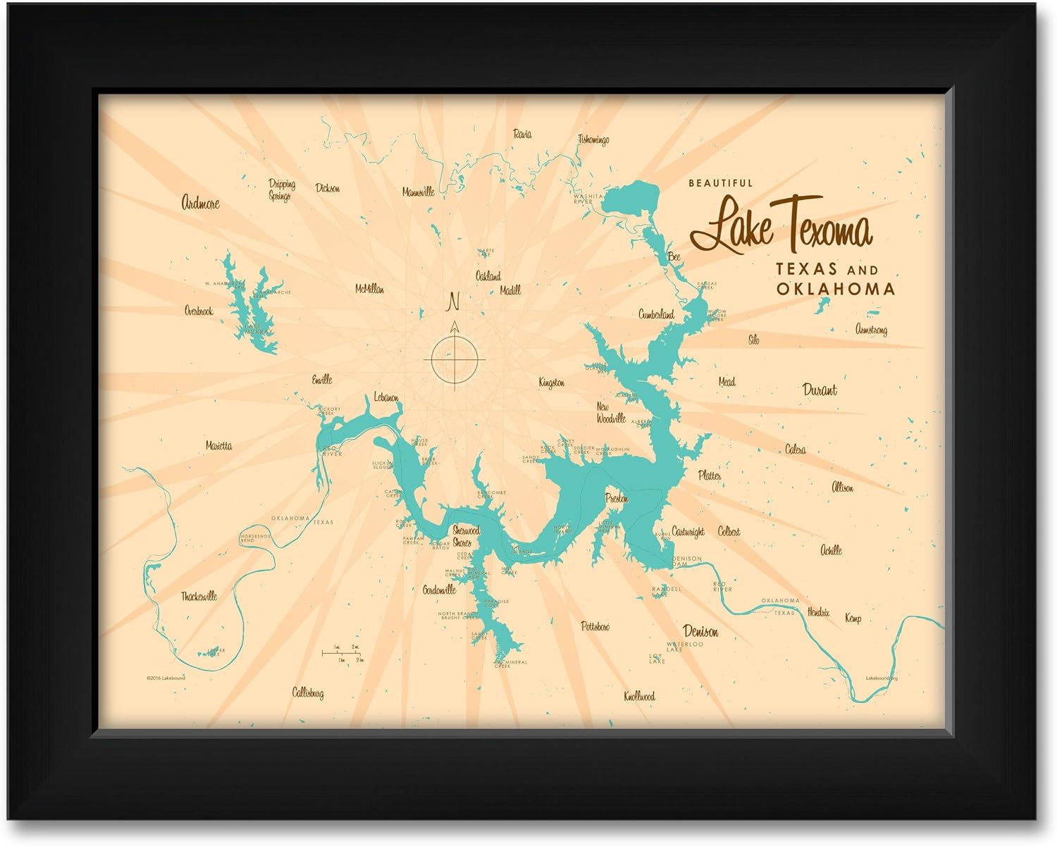Lake Texoma TX Oklahoma Map Professionally Framed Art Print