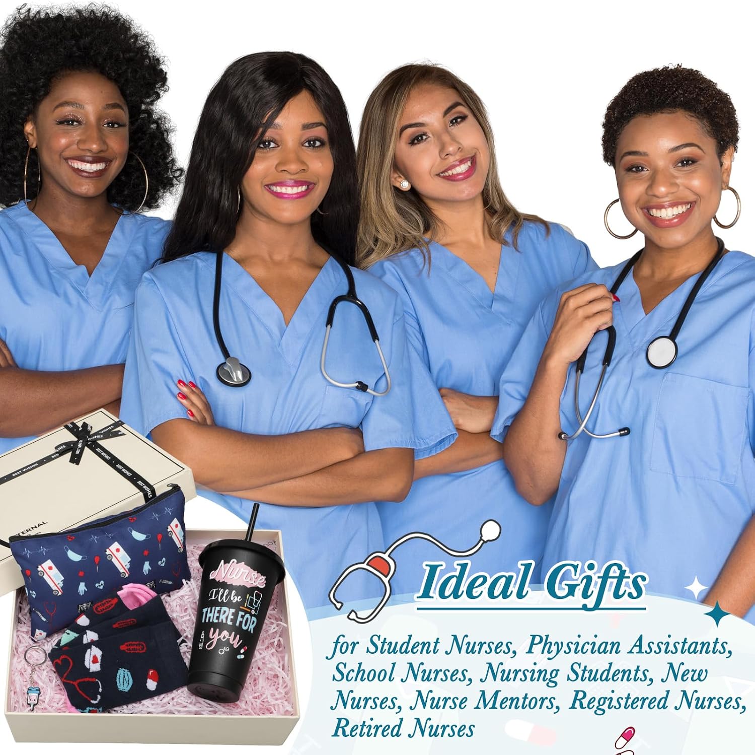 Funnymoom 24 Pcs CNA Week Nurse Appreciation Gifts for Women Bulk 24 oz Nursing Practitioner Plastic Tumbler Cup Nursing Makeup Cosmetic Bag Crew Sock Keychain for 2026 Graduation School Student