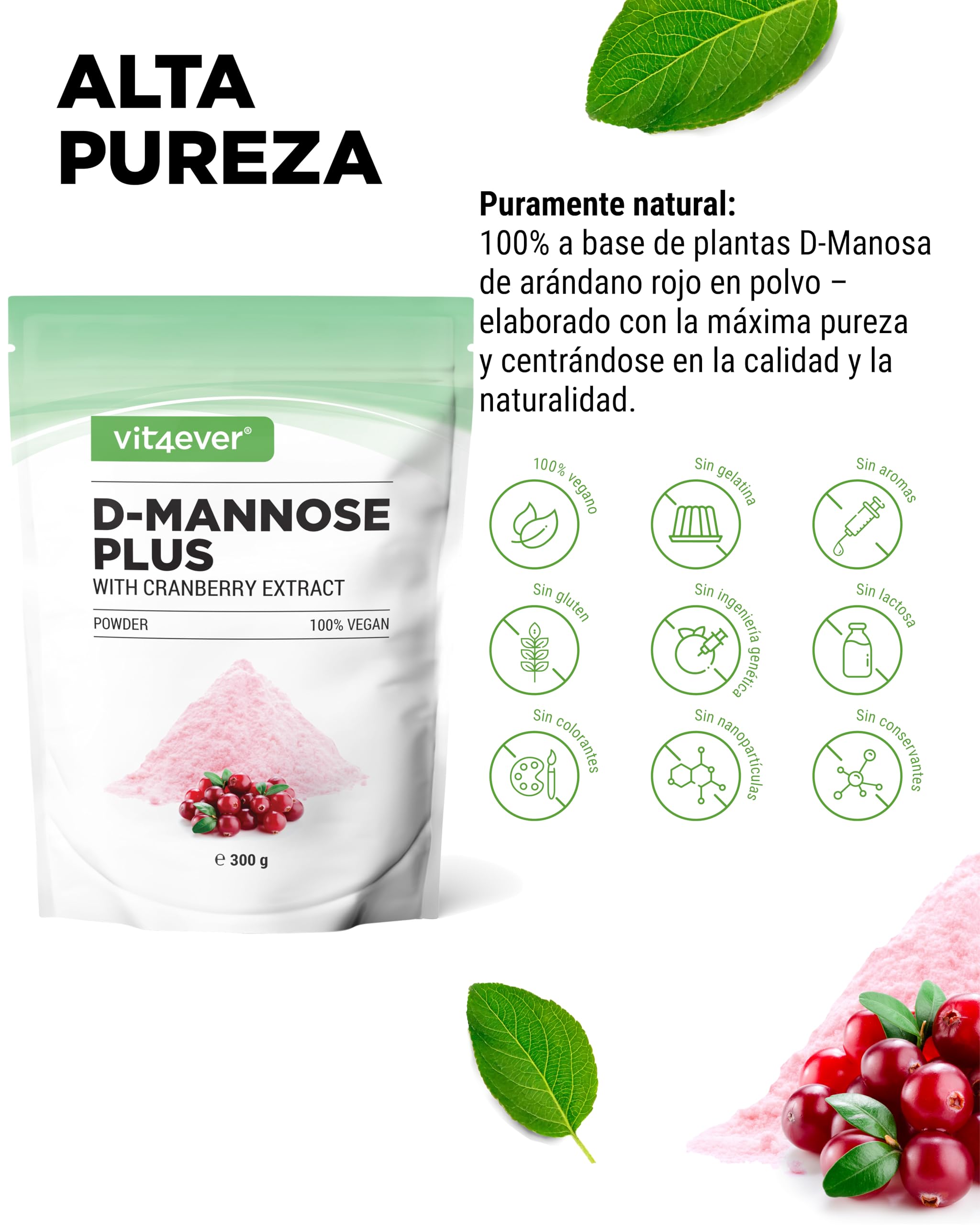 vit4ever D-Manosa en Polvo con Extracto de Arándano Rojo (Cranberry) - Alta Dosis con 2000 mg de D-Manosa y 500 mg de Arándano Rojo - 300 g de Polvo - 120 Aplicaciones - Vegano