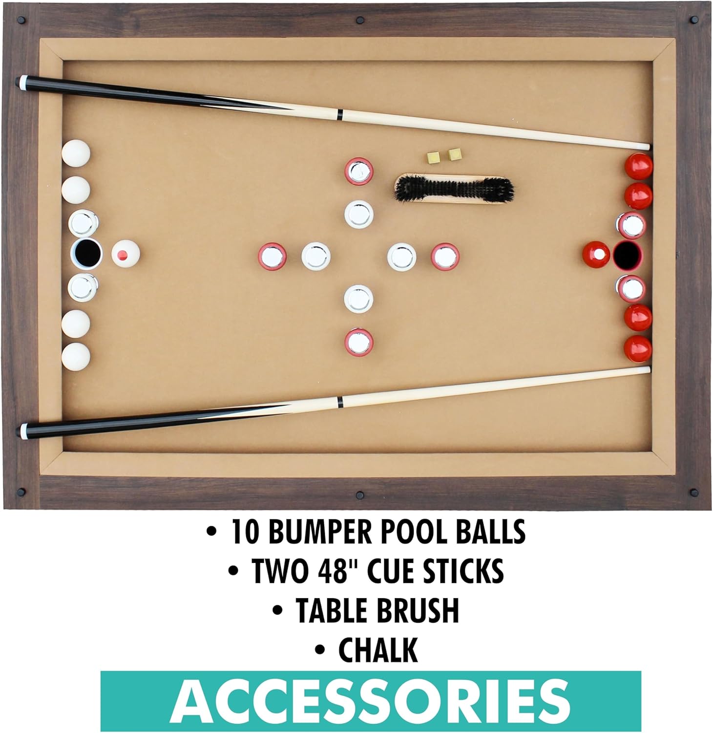 Freetime Fun 54" Bumper Pool Table for Adults and Kids Game Room, Poker Table Top, Comes with 2 48-in Cues, 10 Balls, and More, Sturdily Built (Espresso)