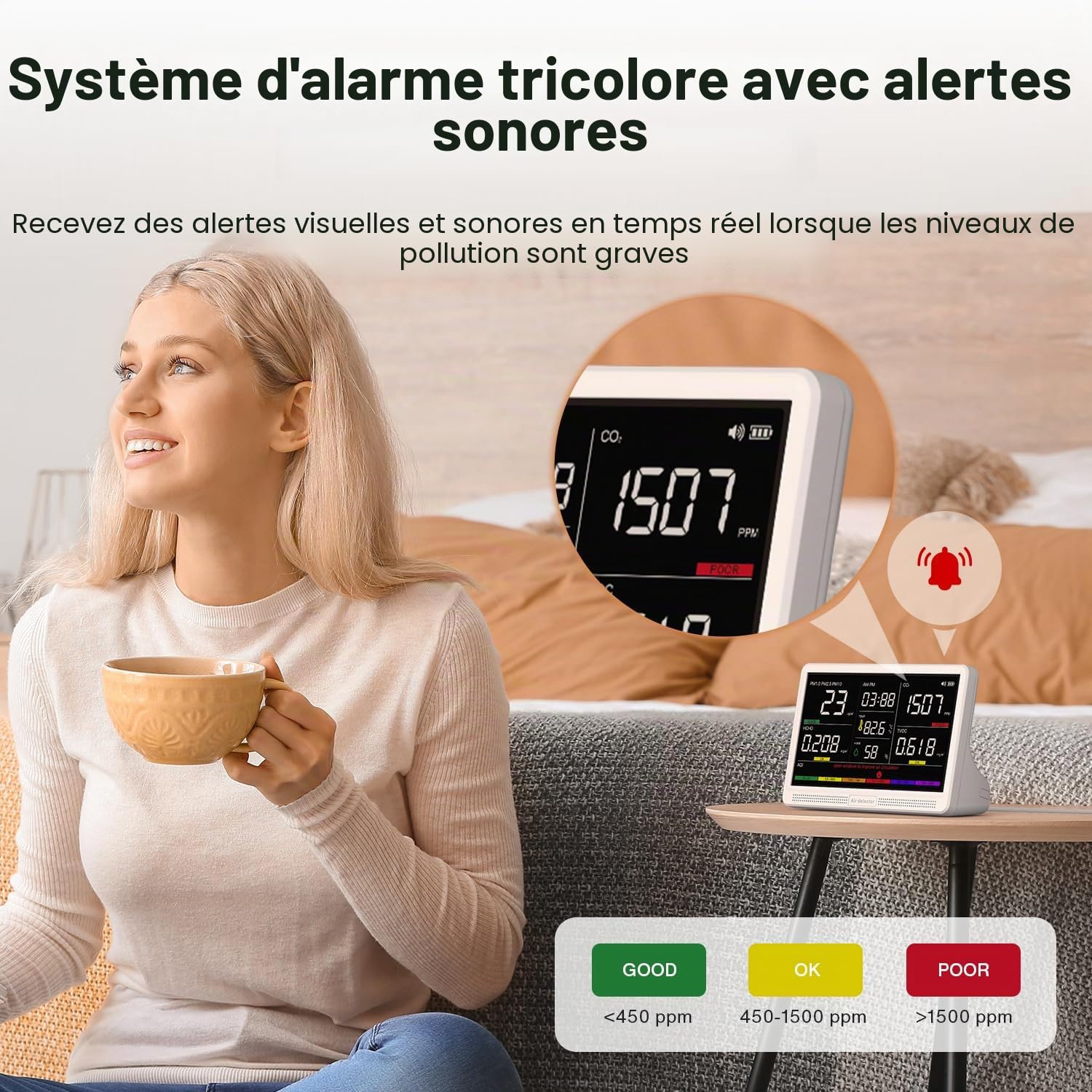 bonoch 16 en 1 Appareil de Mesure de la Qualité de l'Air Écran 7" – 9 Paramètres AQI + 7 Alertes – Détecteur de COV, CO2, PM2.5 PM1.0 PM10, HCHO (Air Quality Monitor) Température, Humidité, AQI, Heure