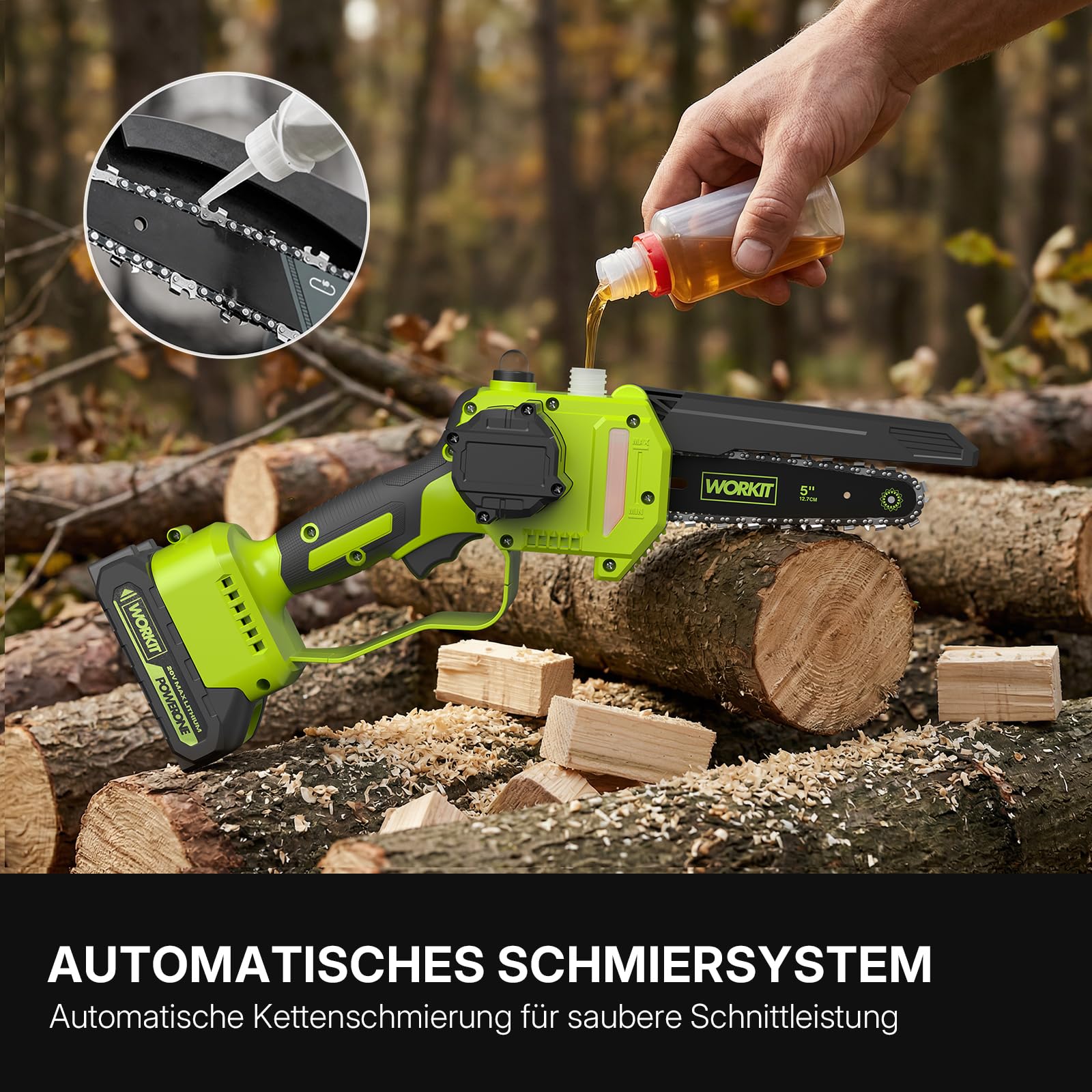 WORKIT 20V Akku Kettensäge mit 2 Akkus, bürstenlose Mini Kettensäge mit automatischem Ölsystem, 12 cm Schnittlänge, Kettensäge Akku für Einhandbedienung und Gartenpflege