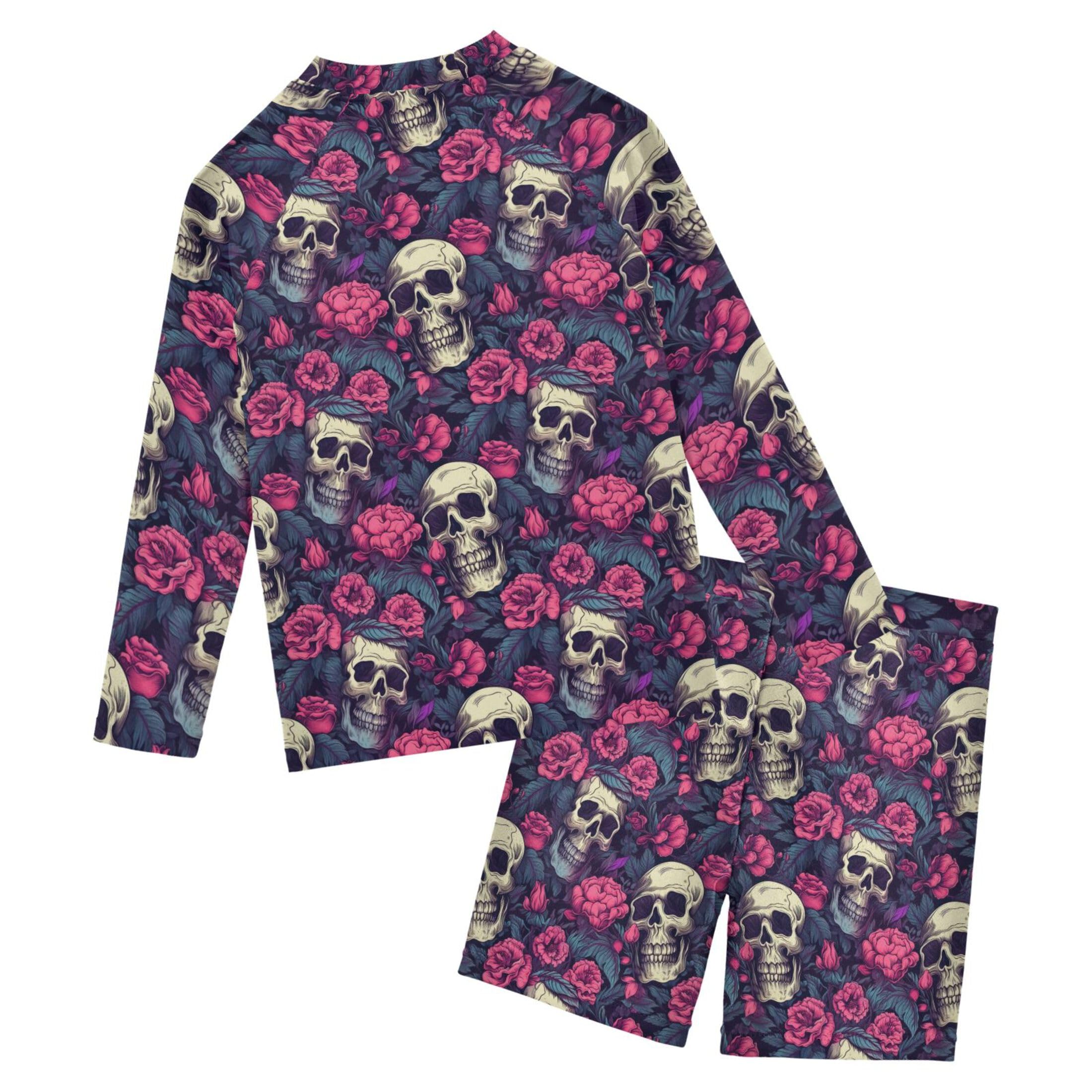 Sugar Skull Skeleton Gothic Flowers Baby Boys' Toddler Long Sleeved Rashguard Swim Bathing Suit Set B0402992