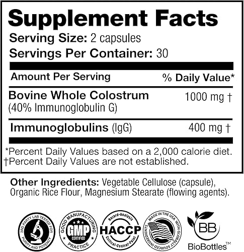 Vista 5 de FeelGood Superfoods Cápsulas de calostro bovino - Salud intestinal y apoyo inmunológico - 2000 mg (0.07 oz) porción diaria - De origen ético