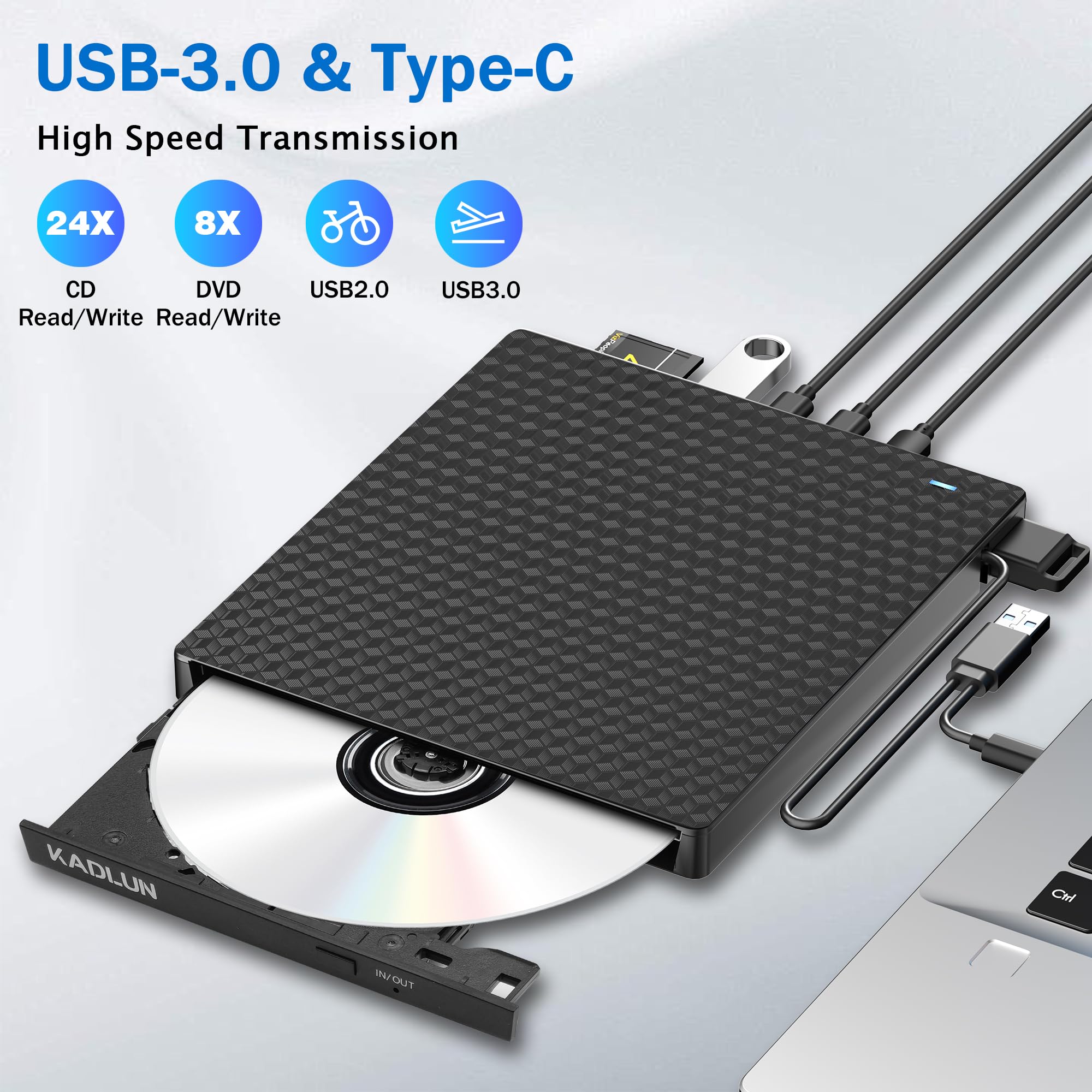 Unità CD DVD esterna per laptop, lettore ottico USB 3.0, 4 porte USB e 2 slot per schede TF/SD, masterizzatore CD/DVD portatile CD ROM esterno per computer portatile desktop PC Windows 11/10/8/7/XP