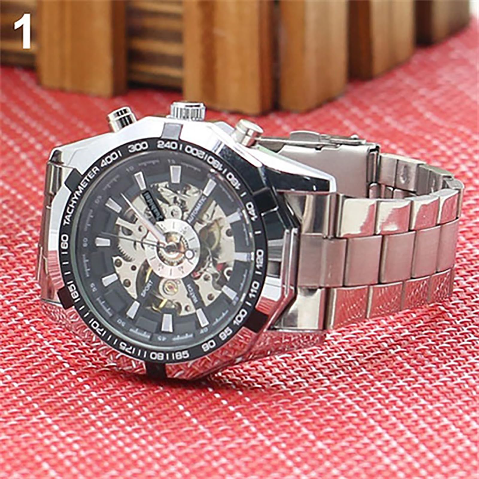 matumou Men Hand-Winding Skeleton Automatic Mechanical Stainless Steel Sport Wrist Watch