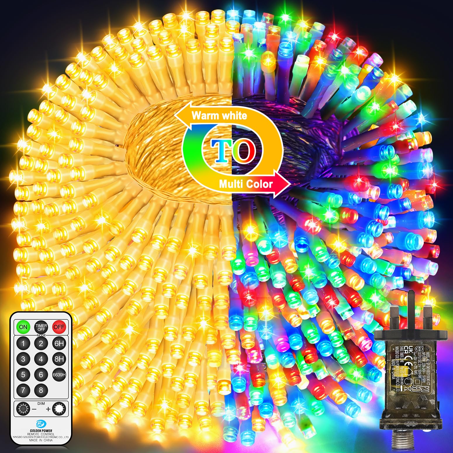 328 FT 720 LED Christmas Lights Outdoor Fairy Lights Plug In Color Changing String Lights Waterproof 11 Modes Timer for Outside House Tree Garden Wedding Party Decorations-Warm White to Multicolored [Energy Class F]