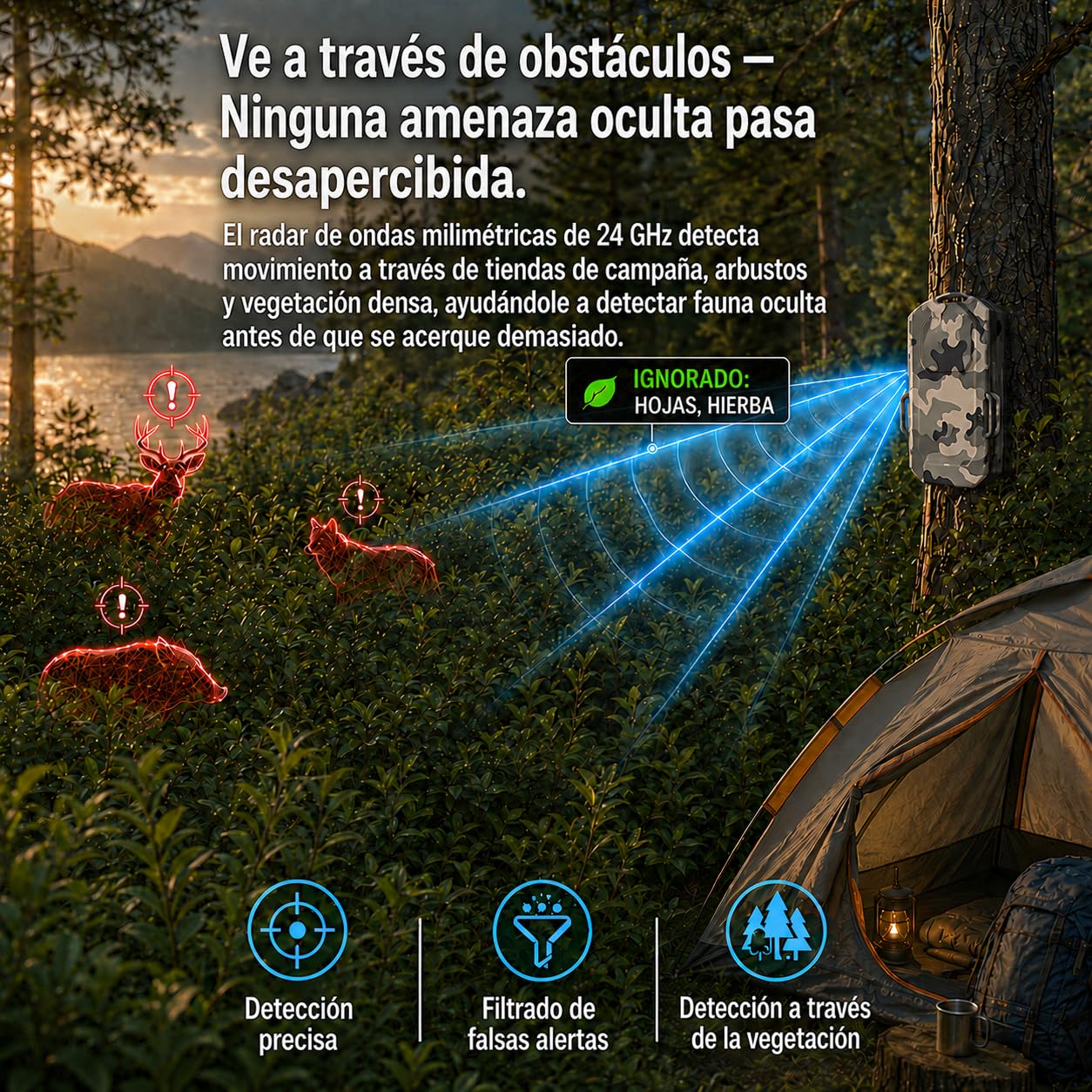 LETWESAF Sensor Radar para Alarma perimetral Camping, Camuflaje | Radar de 24 GHz detecta movimiento; alcance inalámbrico de 800 m, recargable e IP66 – para camping, autocaravana y propiedad.